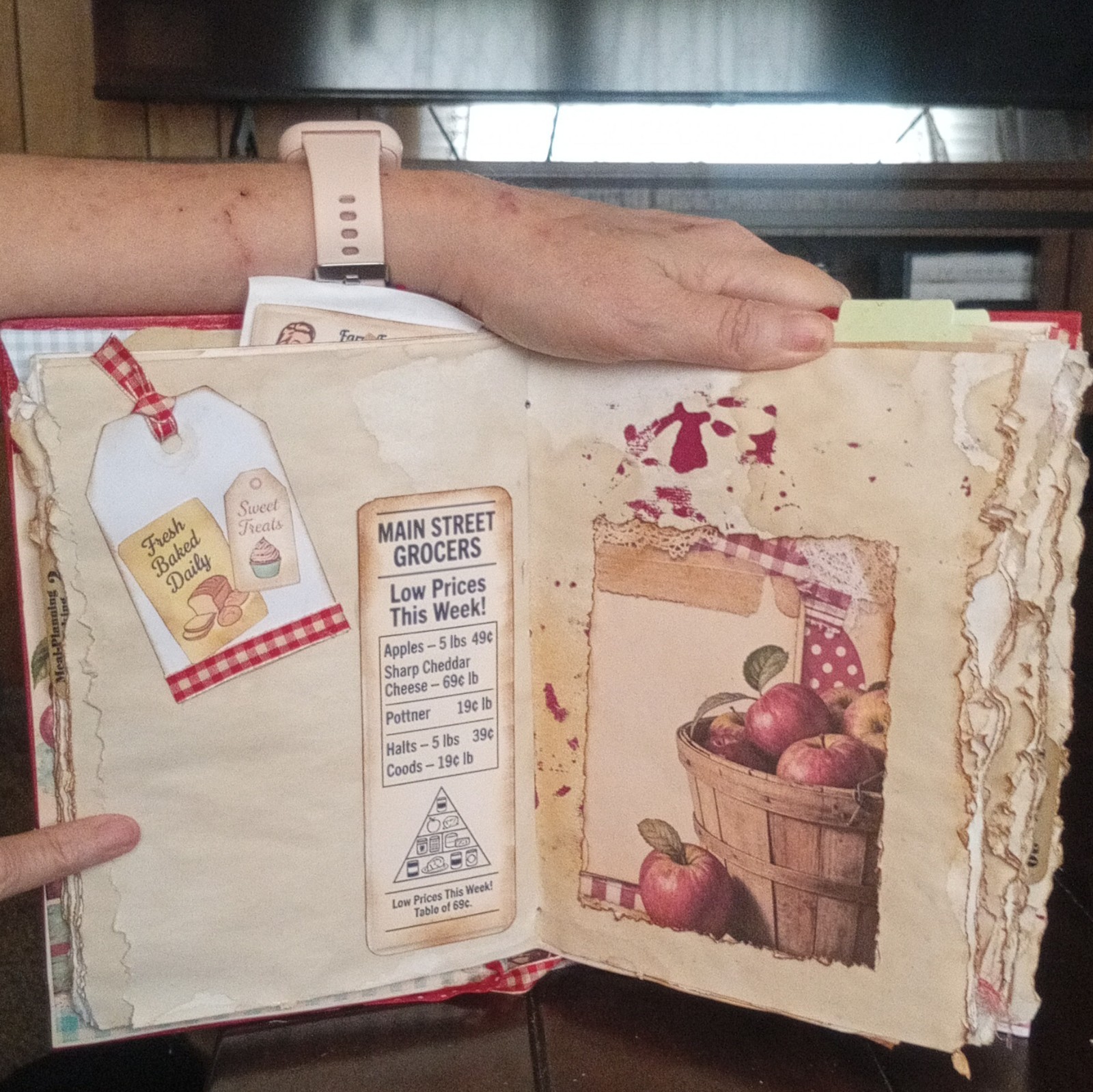 Handmade Kitchen Cookbook Recipe Junk Journal, Red Cover, Cards & Meal Pages