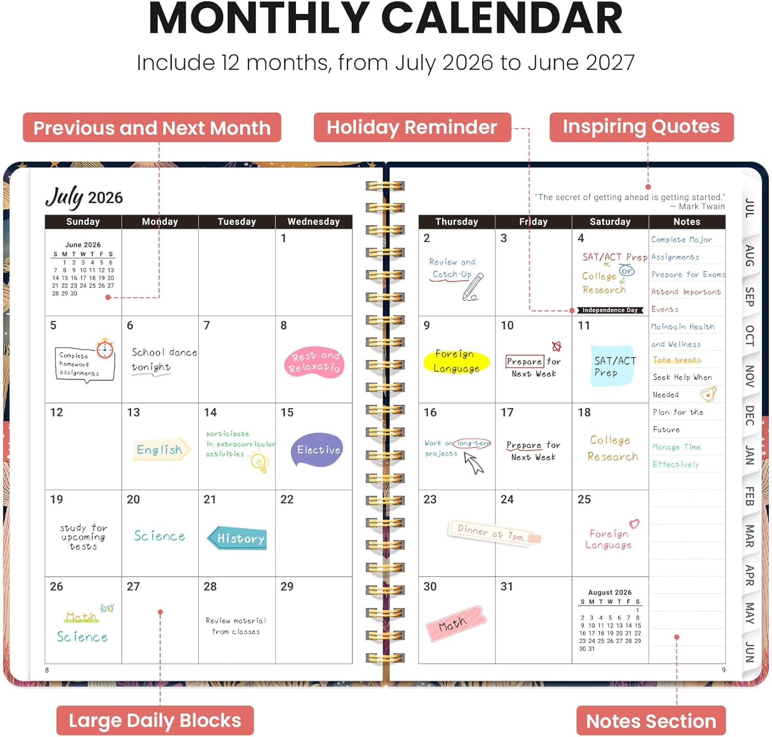 Planner 2026-2027, Hardcover Monthly and Weekly Academic Planner July 2026 – Jun