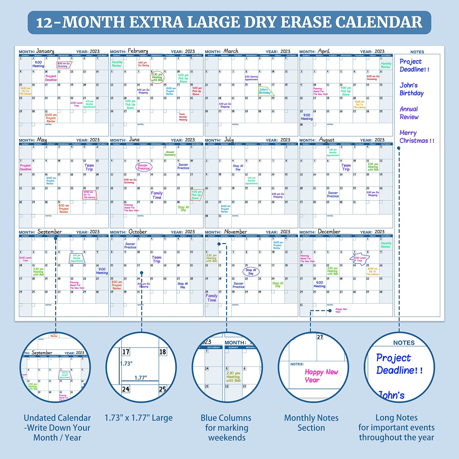 Large Dry Erase Calendar for Wall – Yearly 57.9″ x 37″, blue