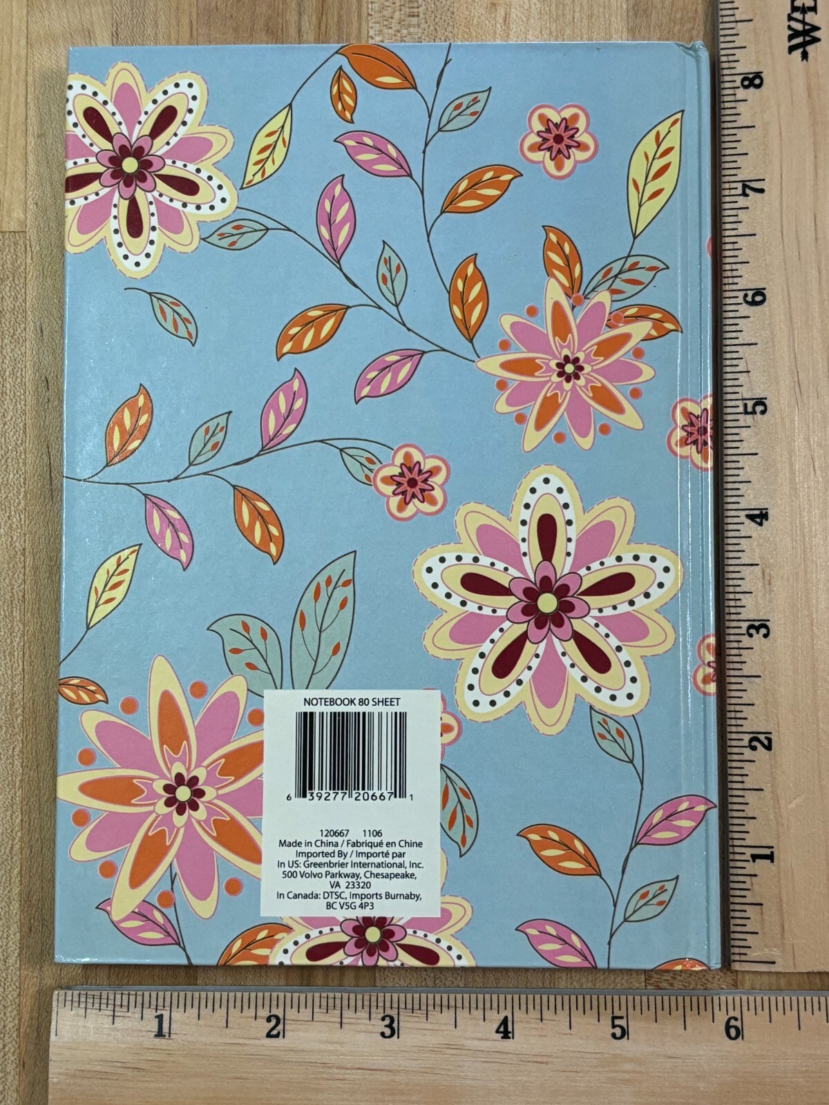 Light Blue Floral Design Hardcover Lined Journal Notebook Diary 5.75″W x 8″H NOS