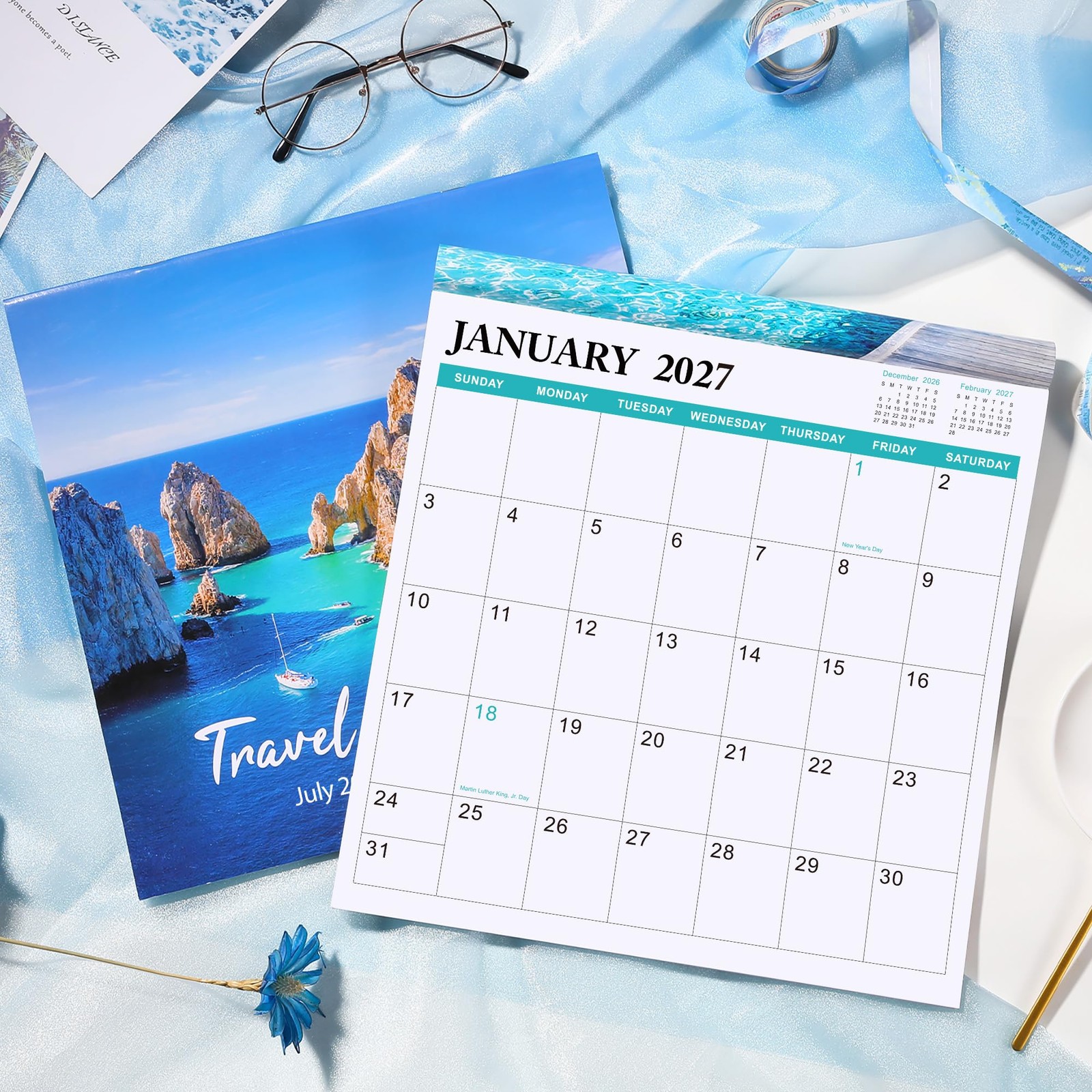 Wall Calendar 2026-2027, 18 months from Jul 2026 – Dec 2027, Monthly Blue