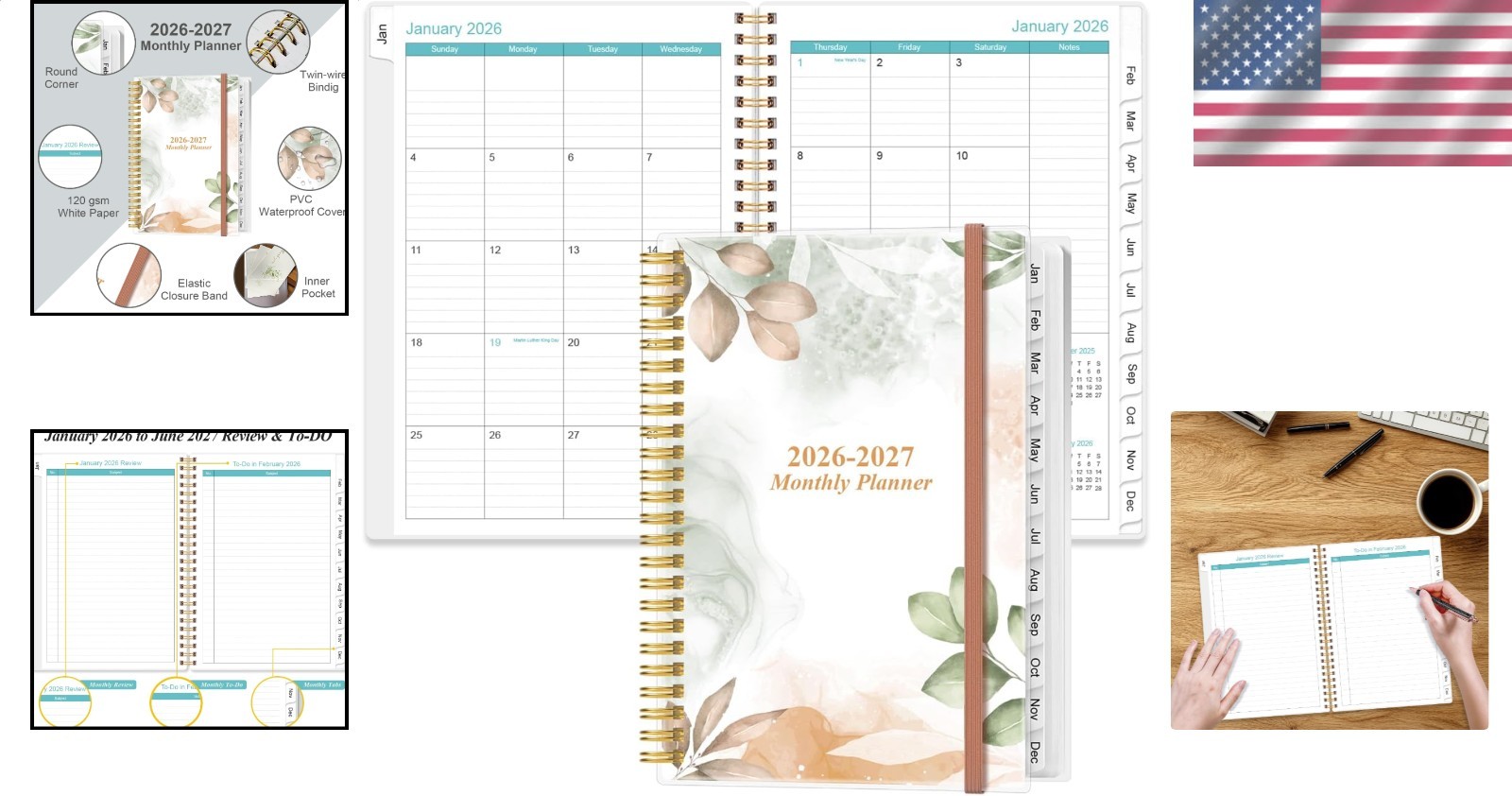 Deluxe 2026-2027 Calendar 18-Period Rose Leaf Thick Paper Organizer 6.4×8.5 Tabs