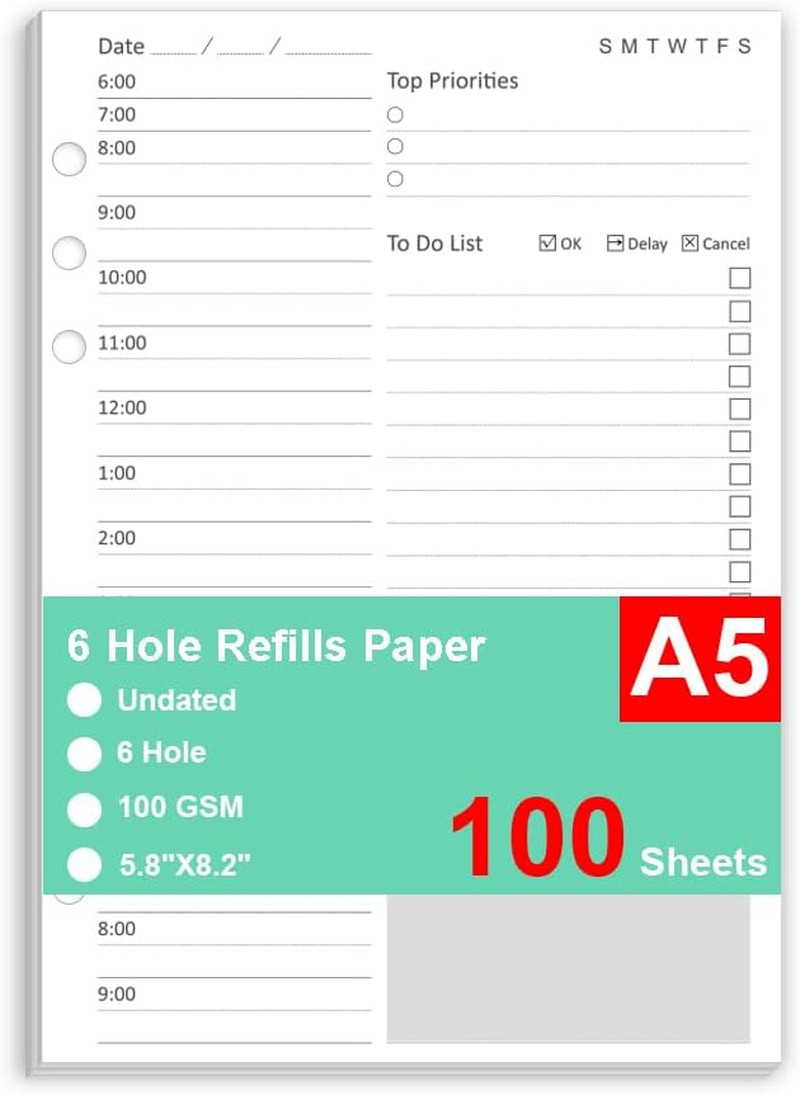 Undated Daily Planner Refill – A5 Planner Inserts, 100 Sheets/200 Pages, 6 Hole