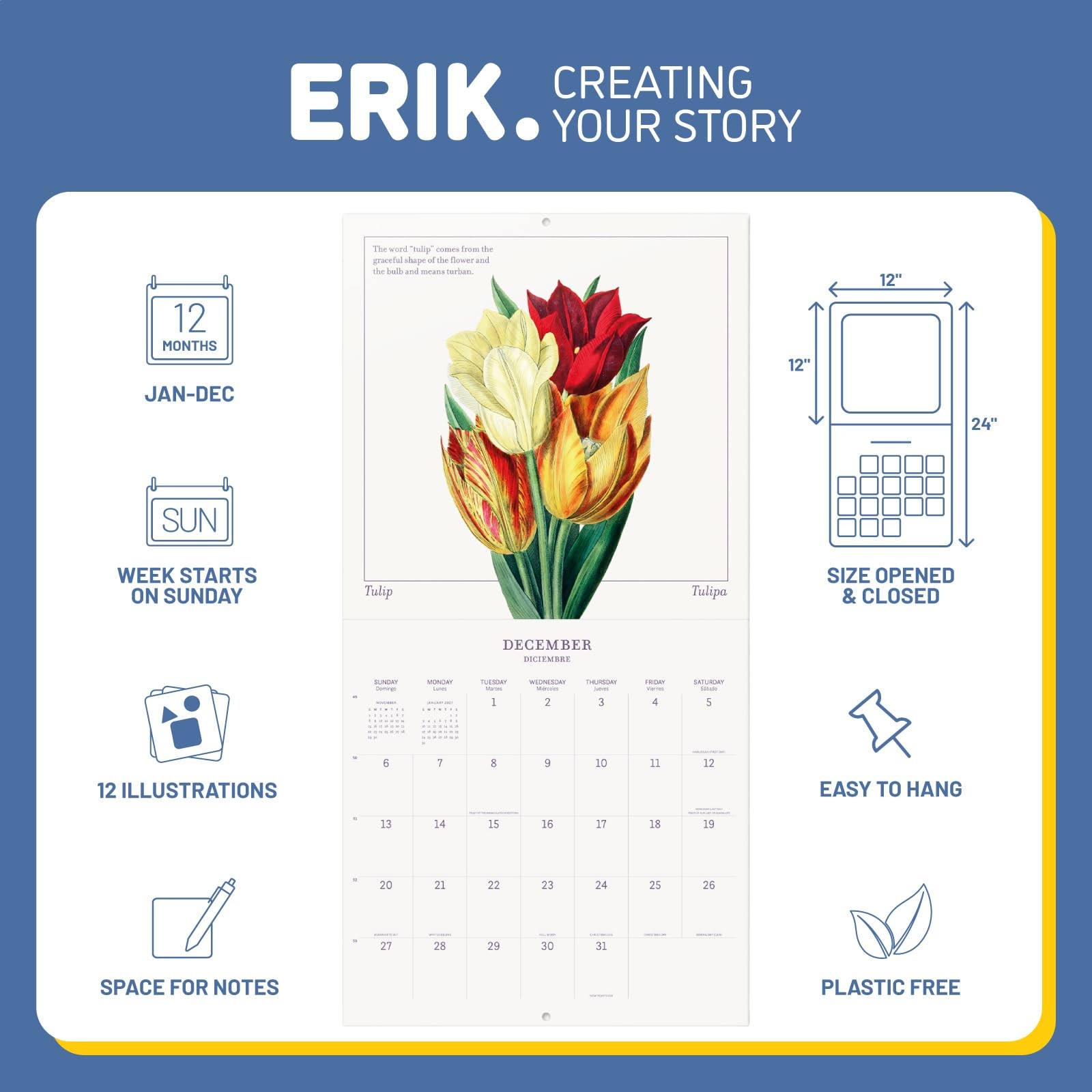 Botanical Wall Calendar 2026 12″ x FSC® Plastic Flowers 2026