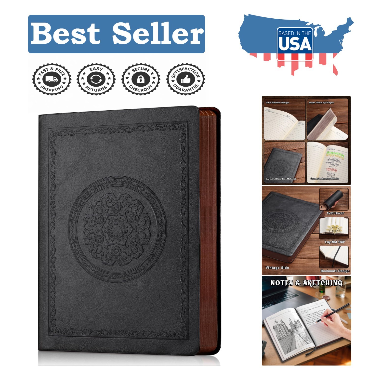 Luxurious Vintage Leather Journal Notebook – 300 Pages, A5 Size (5.7” x 8.3”)