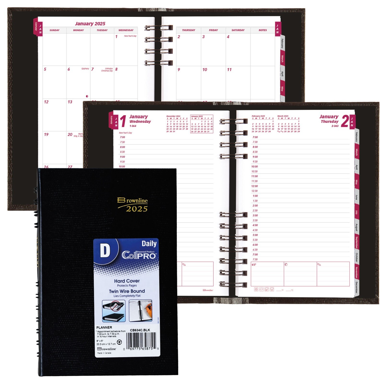 2025 Brownline CB634C.BLK CoilPRO Daily Appointment Book, Hard Cover, 5 x 8″