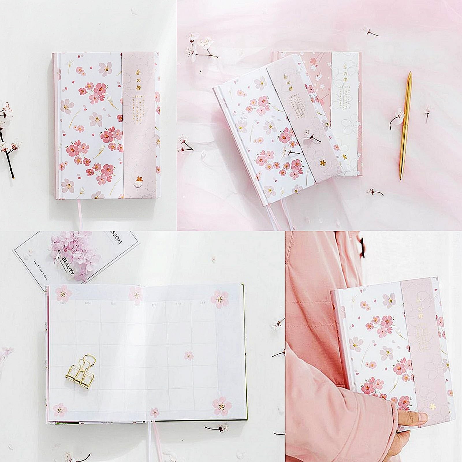 A5 Pink Hardcover Notebook Journal,Sakura Grid Diary Book Premium Paper 5.1X …
