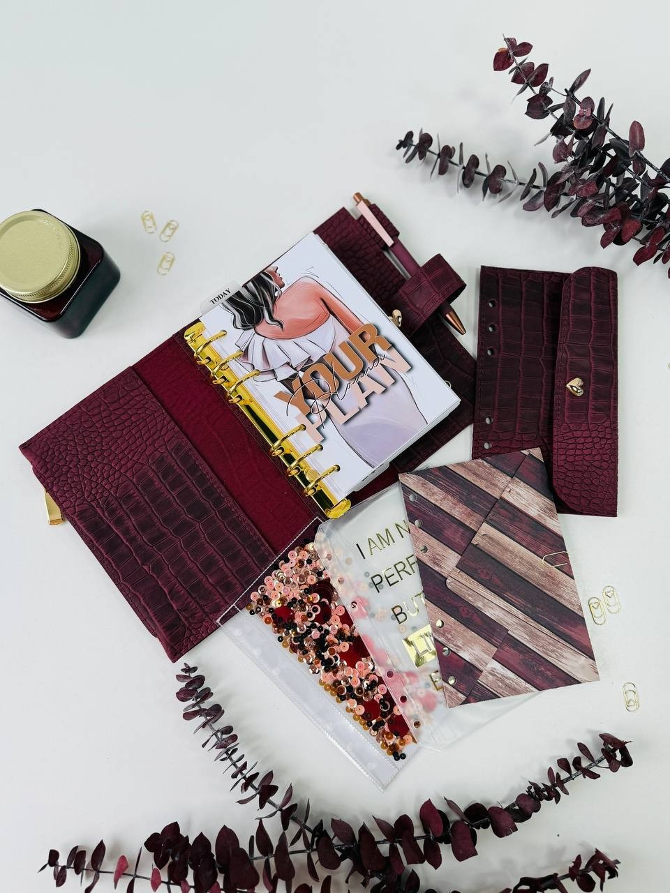 Burgundy A6 leather notebook cover binder 6-Rings. Dated planner gift for her.