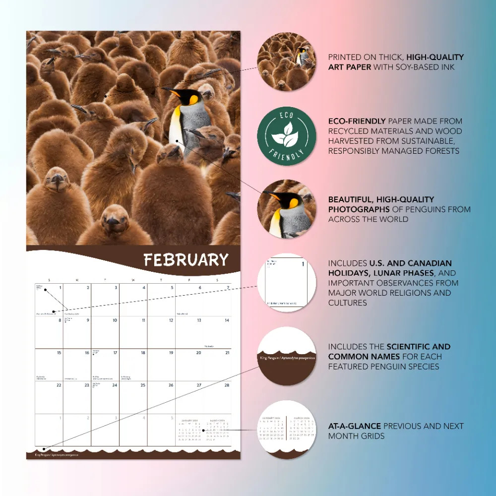 Penguins 2026 | 12″ x 24″ Cute Penguins Calendar 12 Month | Marble City Press