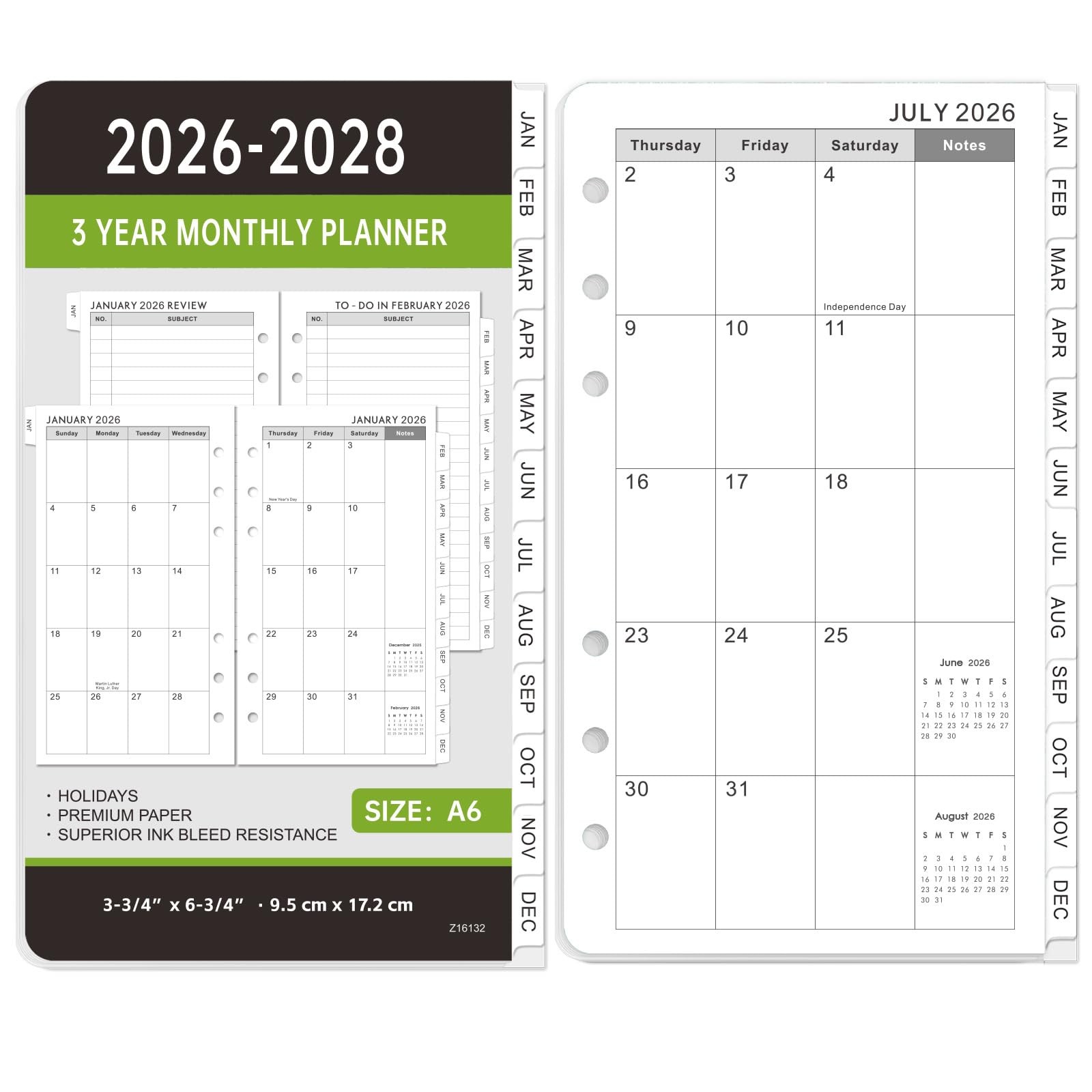 A6 Monthly Planner Refill Inserts 2026-2028, Two Pages Per Month, 6-Hole Punched