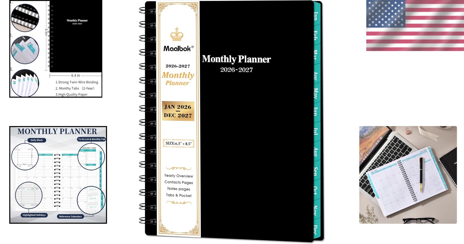 Classic Black 2026-2027 Monthly Planner – 2 Agenda with Twin-Wire Binding