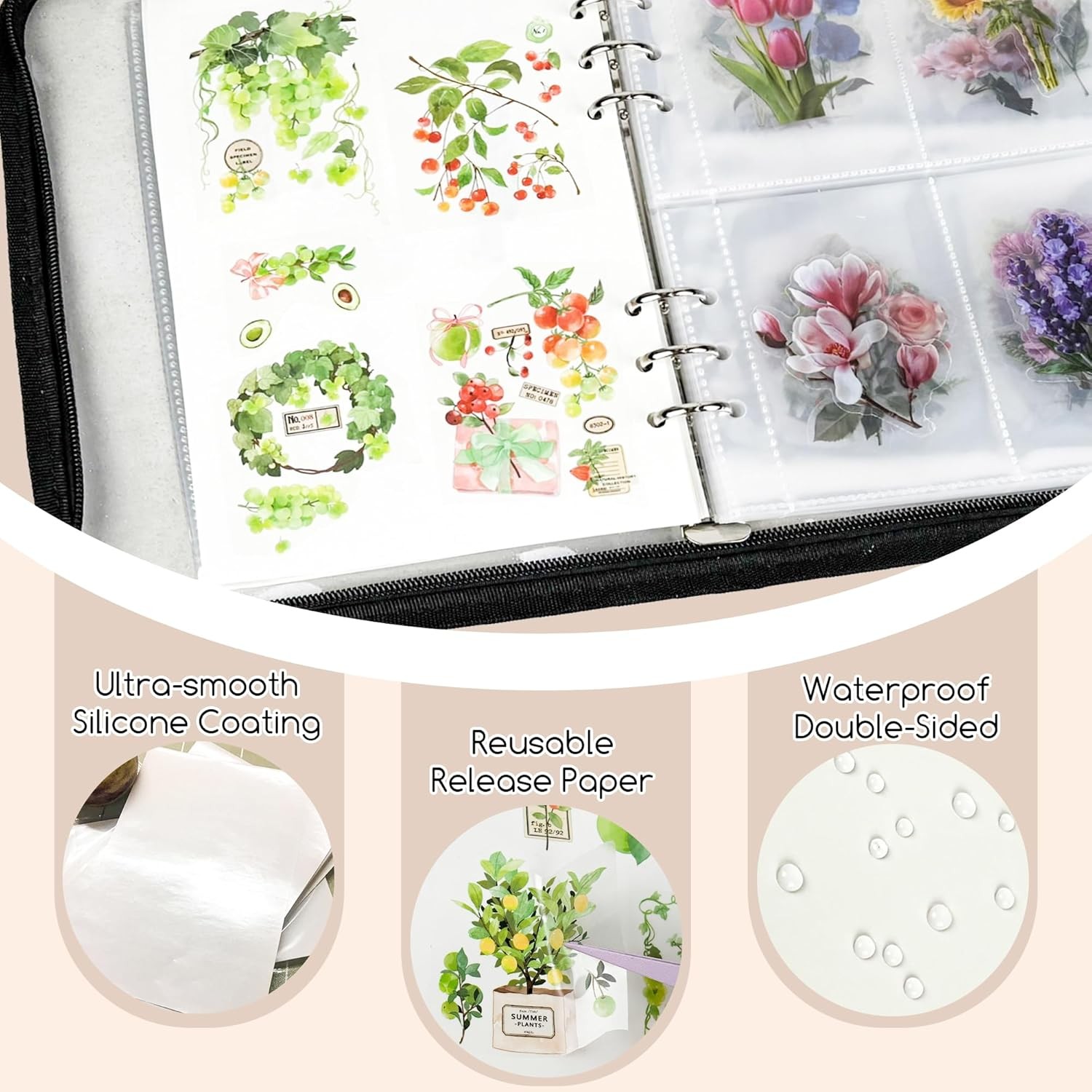5-in-1 Sticker Organizer Book Reusable A5 Storage Binder with 220 Pockets,10 Rel
