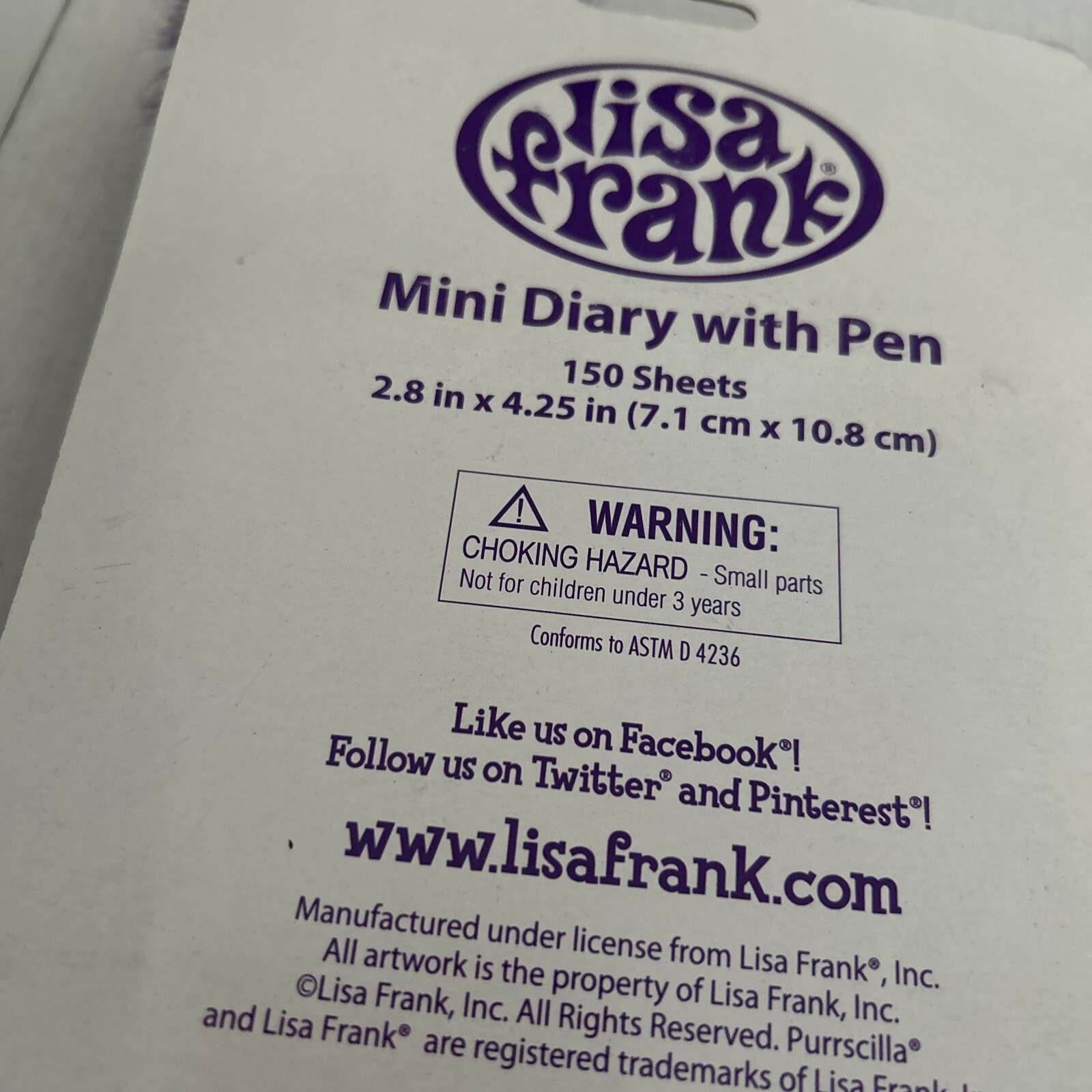 Lisa Frank Diary with Lock Key Fluffy Pen 150 Sheets 2.8” X 4.25”