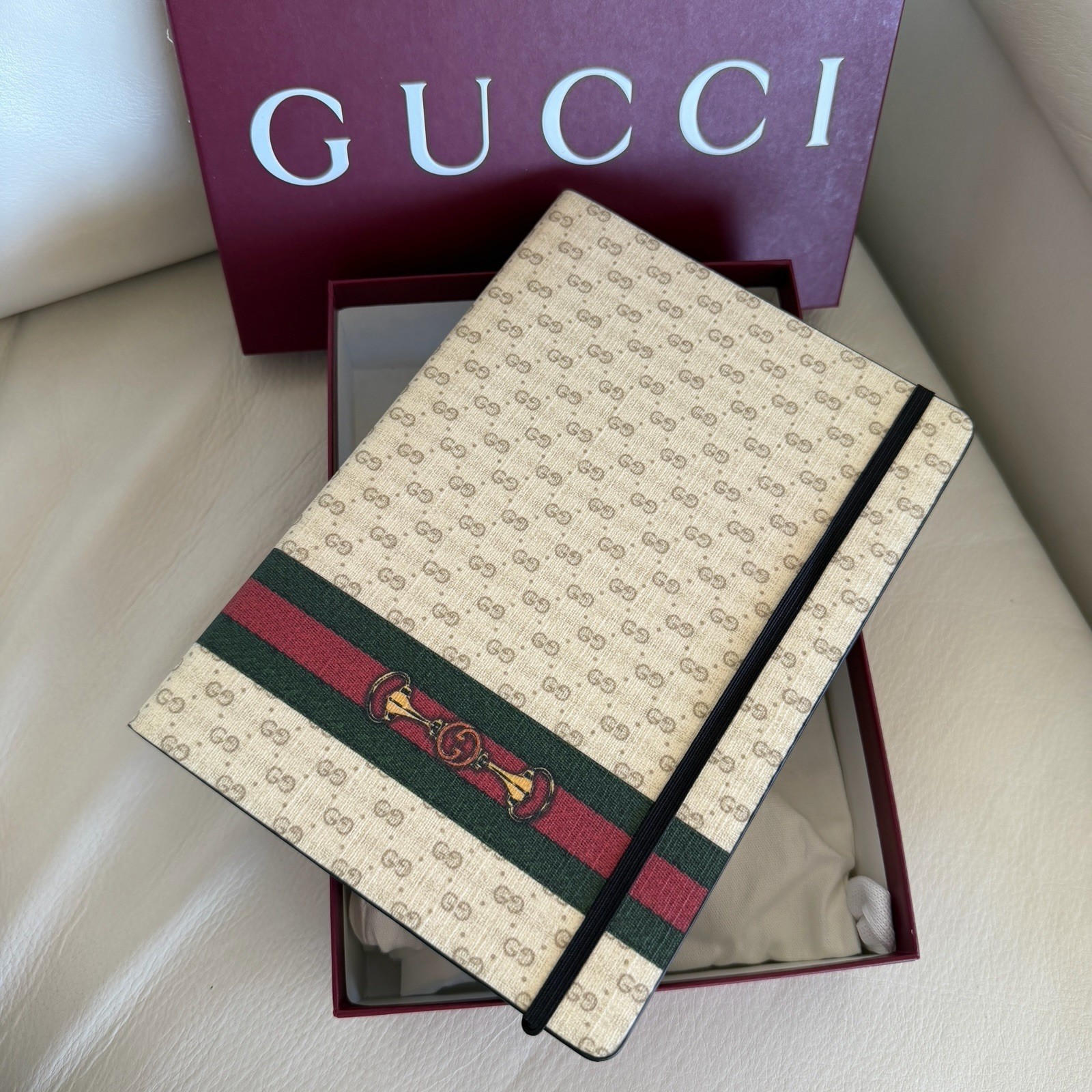 New Large Gucci Notebook with Web and Horsebit in Ivory and Brown mini GG