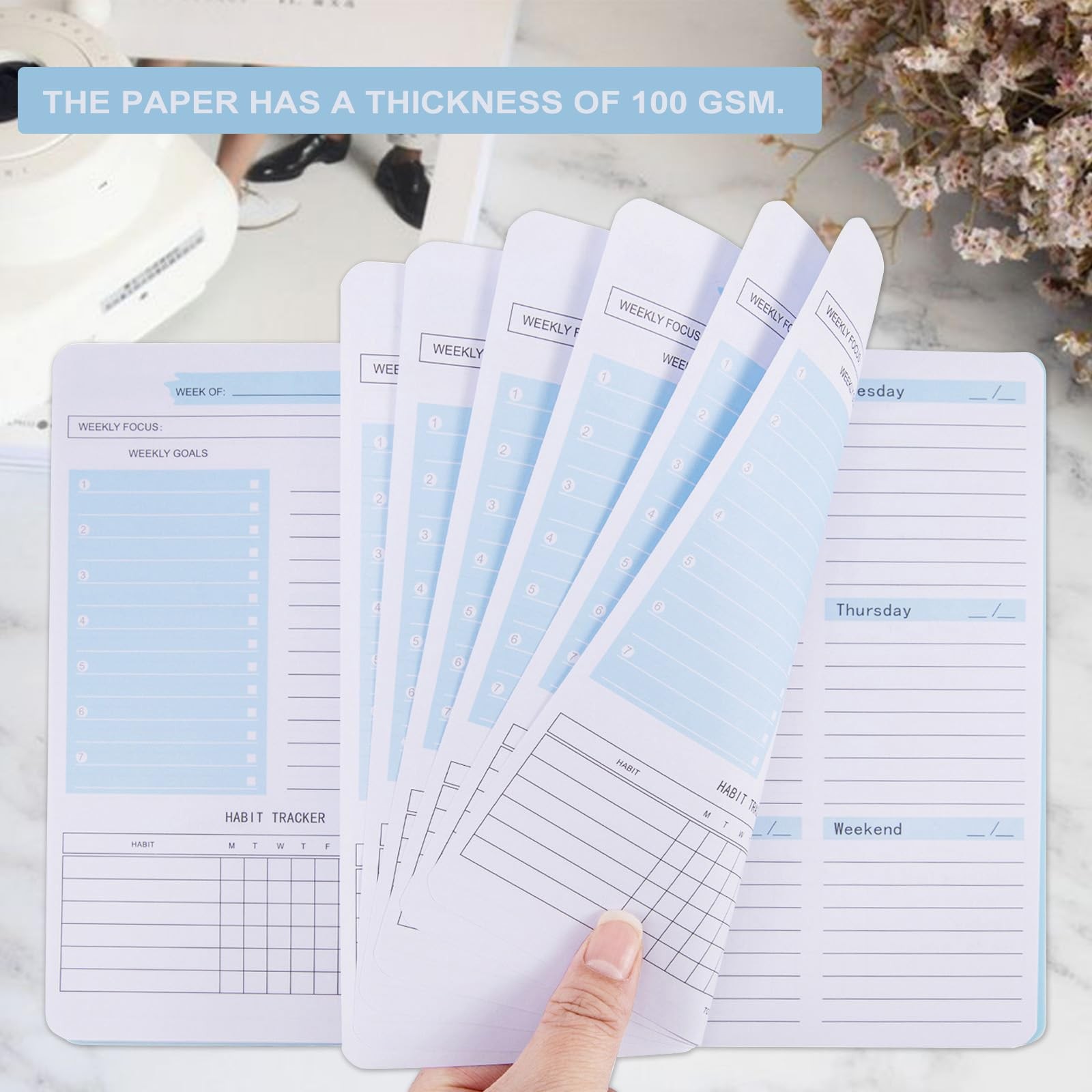 Undated Weekly Planner with Goal & Habit Tracker Notebook, Small Light Blue