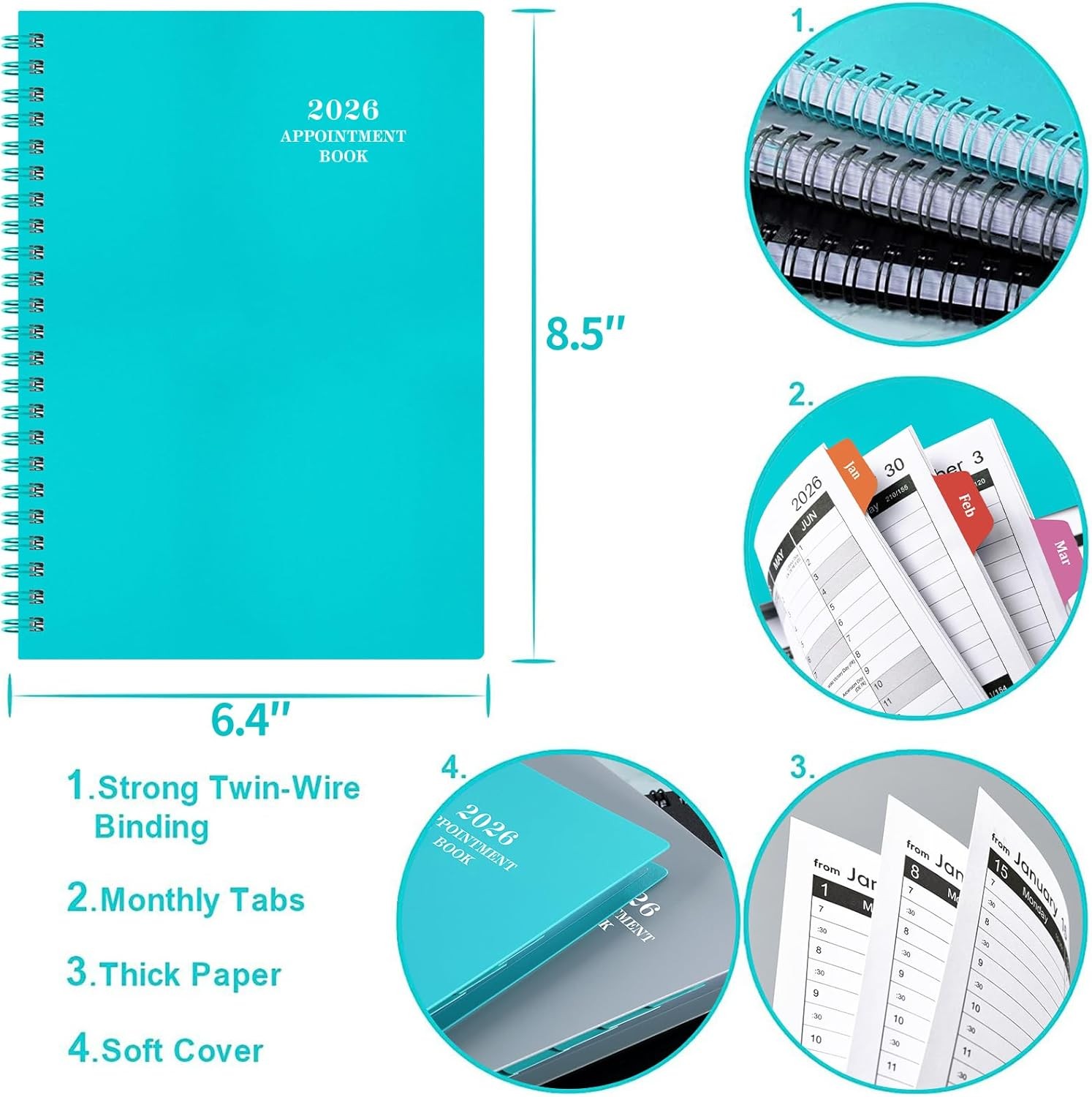 2026 Weekly Appointment Planner Book Jan-Dec 6.4″x8.5″ Tabs 30-Min IntervalsTeal