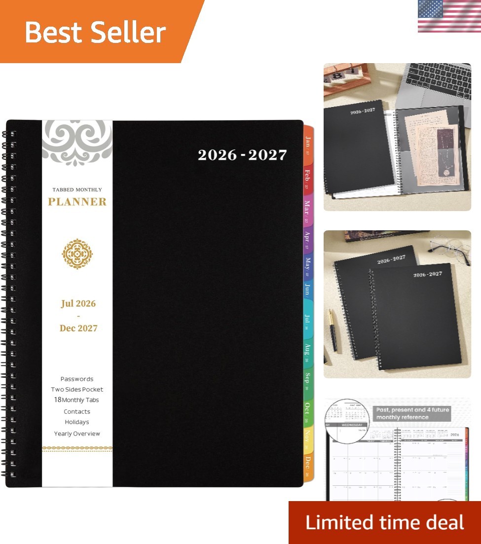2026-2027 Planner – Black with Twin-Wire Binding & Organizational Tabs