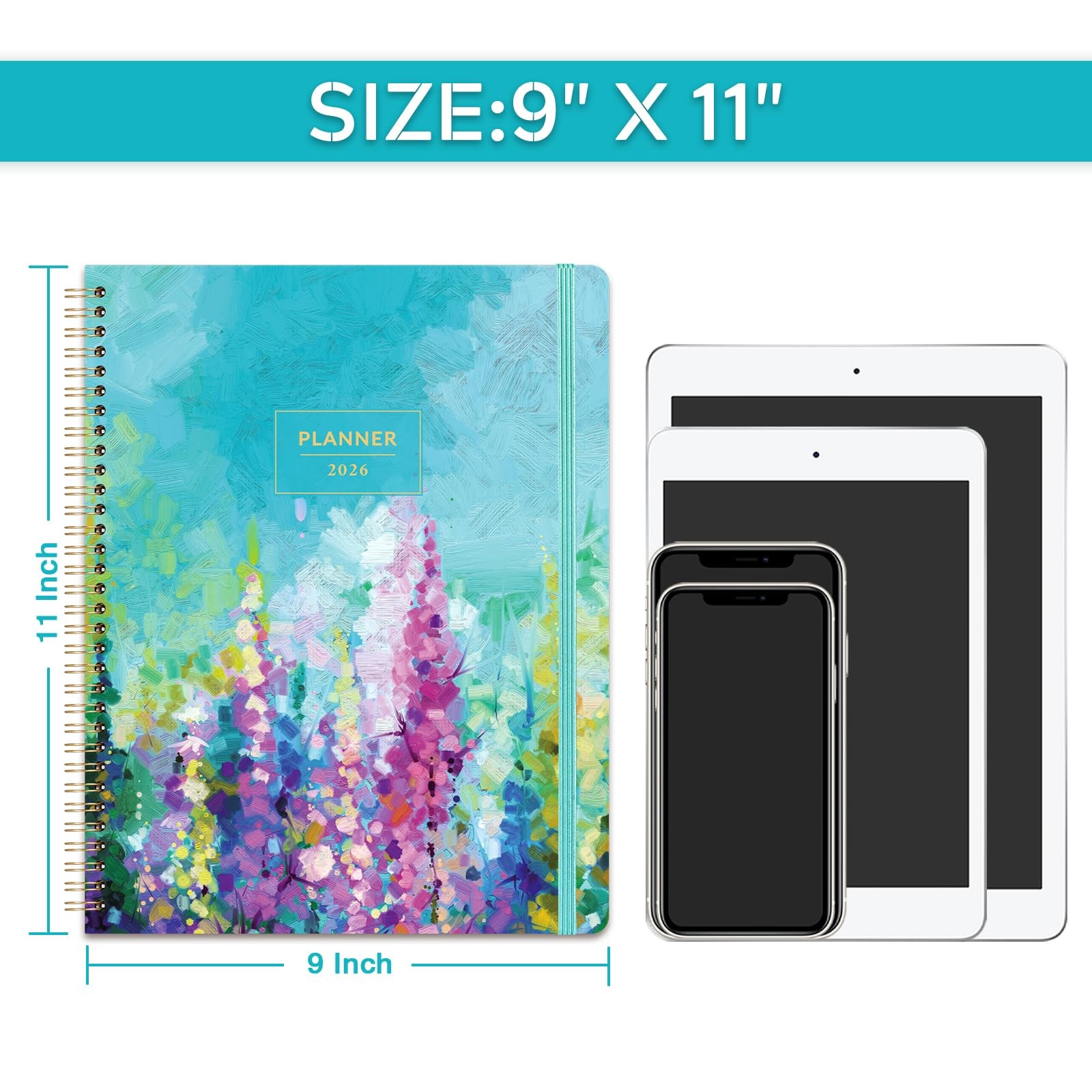 2026 Weekly Monthly Planner 9 x 11 Hardcover Tabs Elastic Closure Pocket for Pla