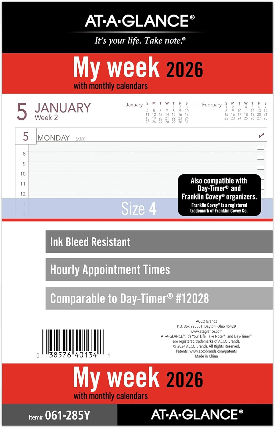 AT-A-GLANCE 2026 Planner Refill, Weekly, 5-1/2″ X 8-1/2″, Desk Size 4, Loose-Lea