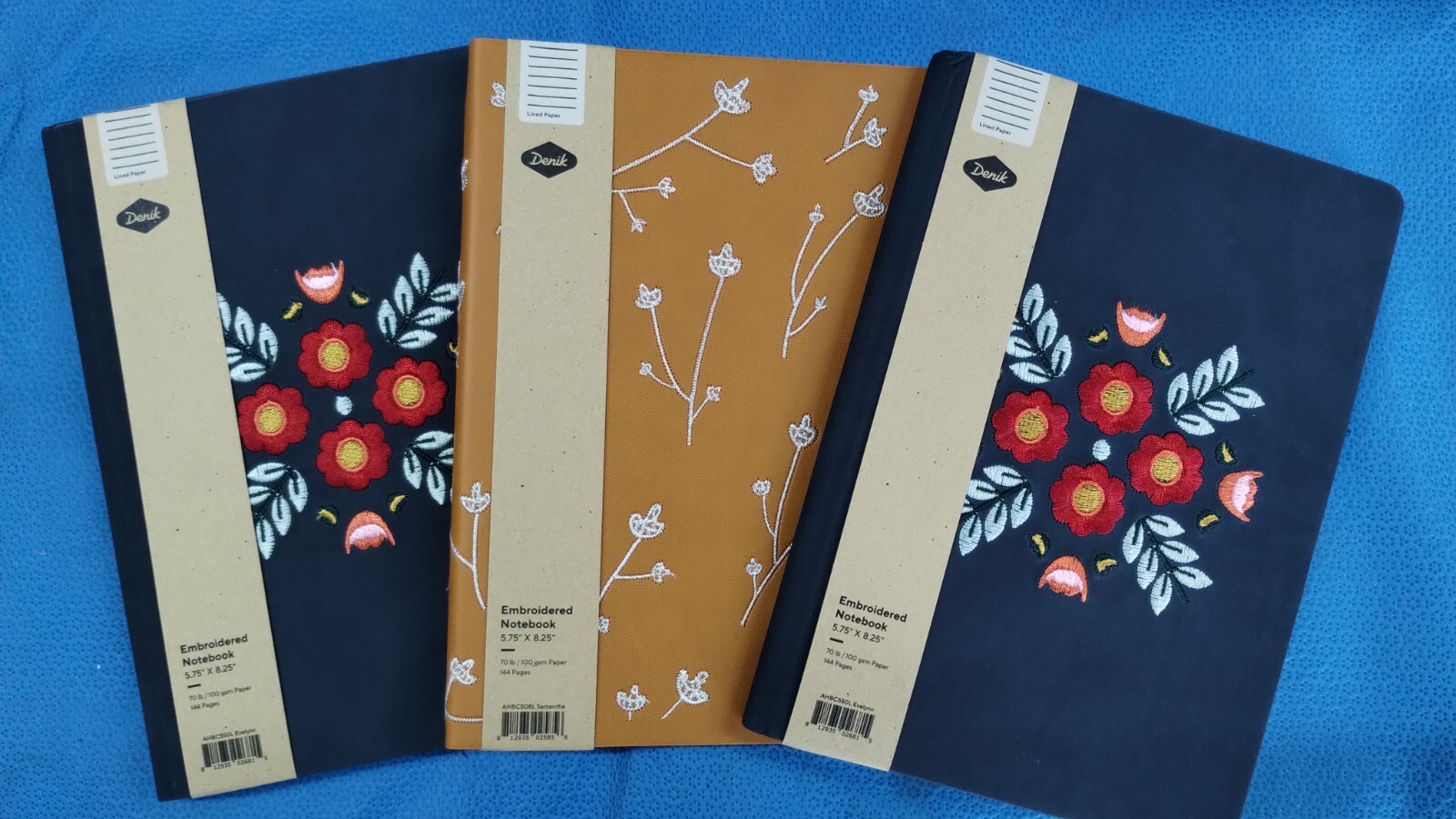 Denik AHBC550L Embroidered Vegan-suede Layflat Blank HB Journal, Evelyn’s 3 pack