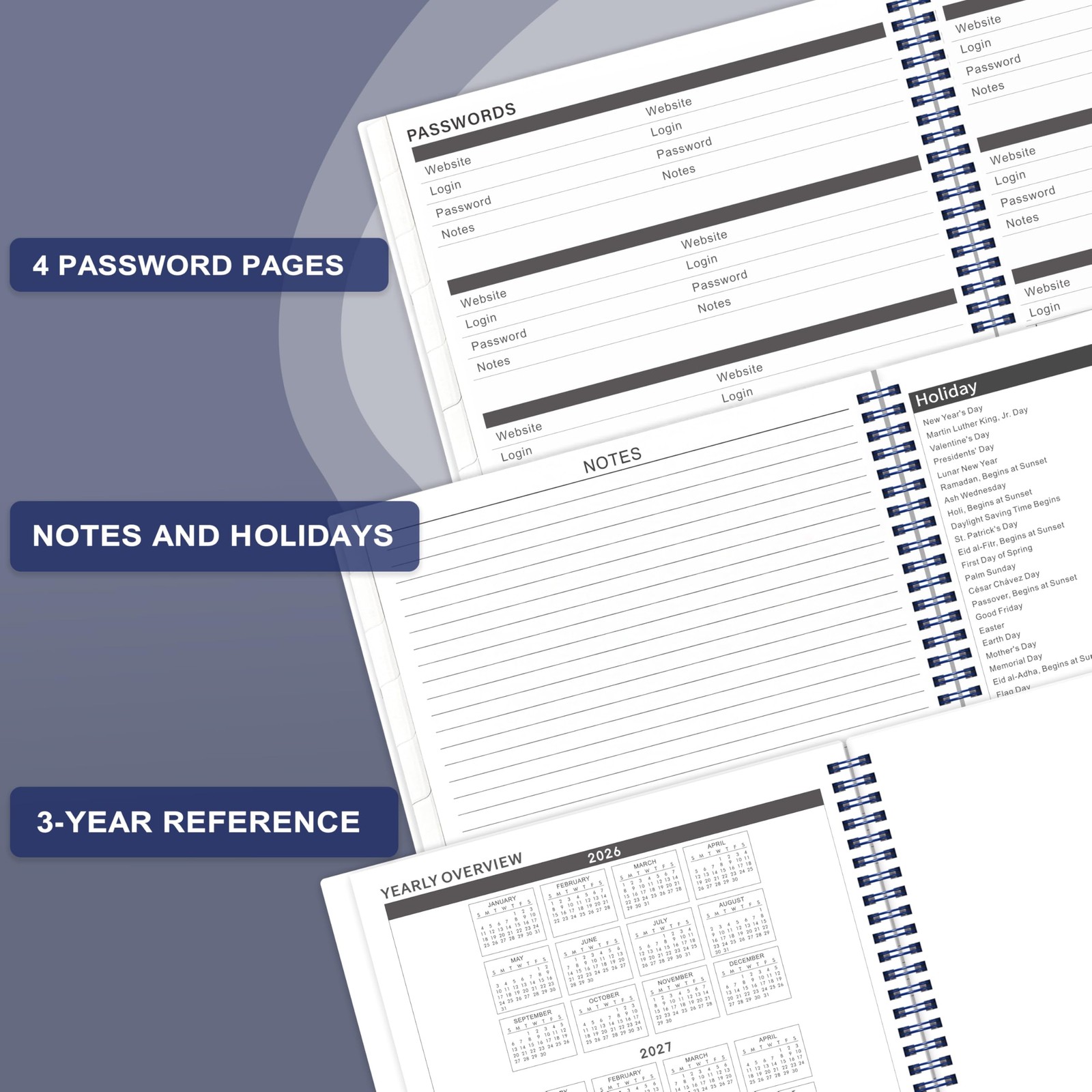 2026-2028 Monthly Planner – Calendar 9″ x 11″, Navy Blue