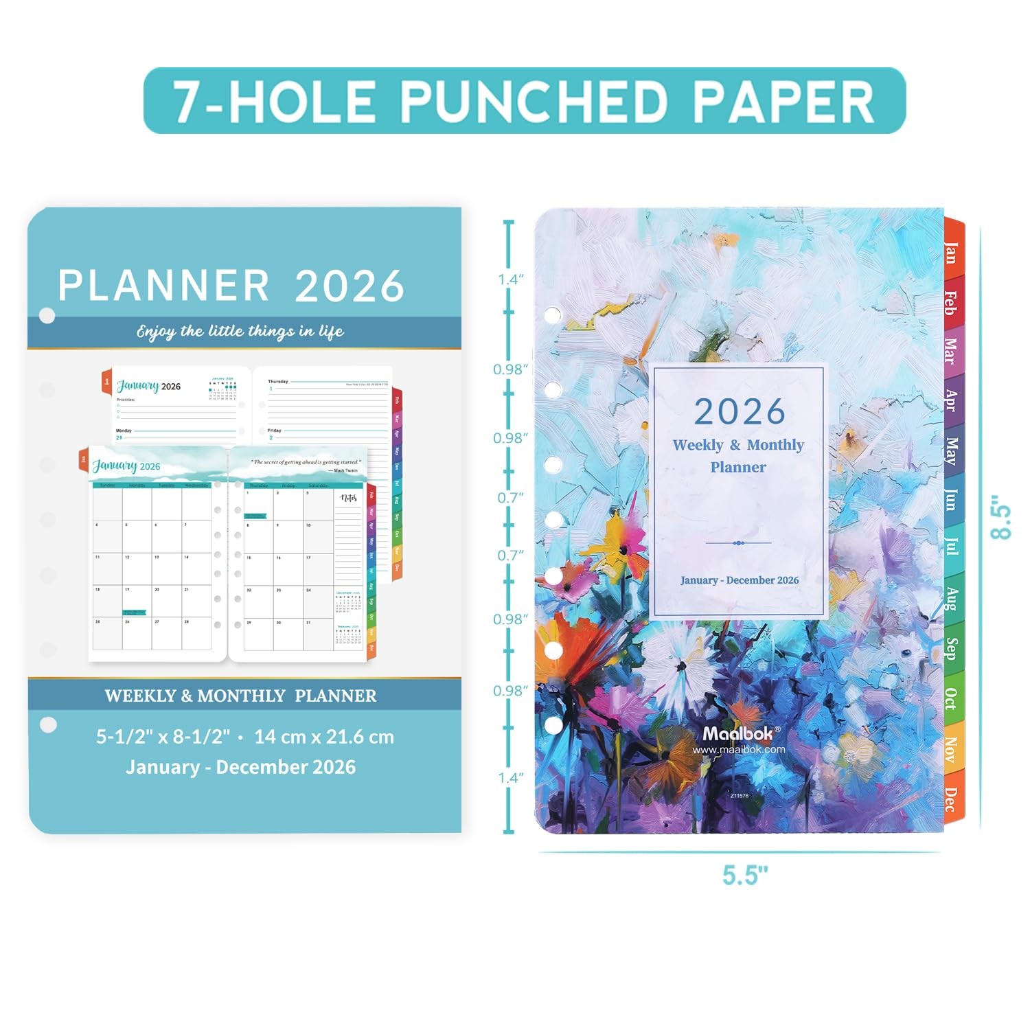 2026 Planner Refills – Inserts with 7-Hole Punched, 5-1/2″ multicolor