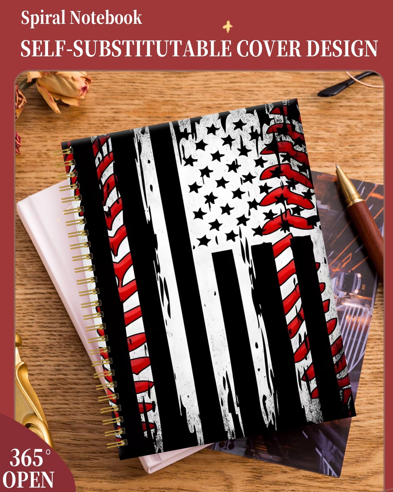 FVBAO Spiral Journal Notebook for Women,A5 College Baseball American Flag