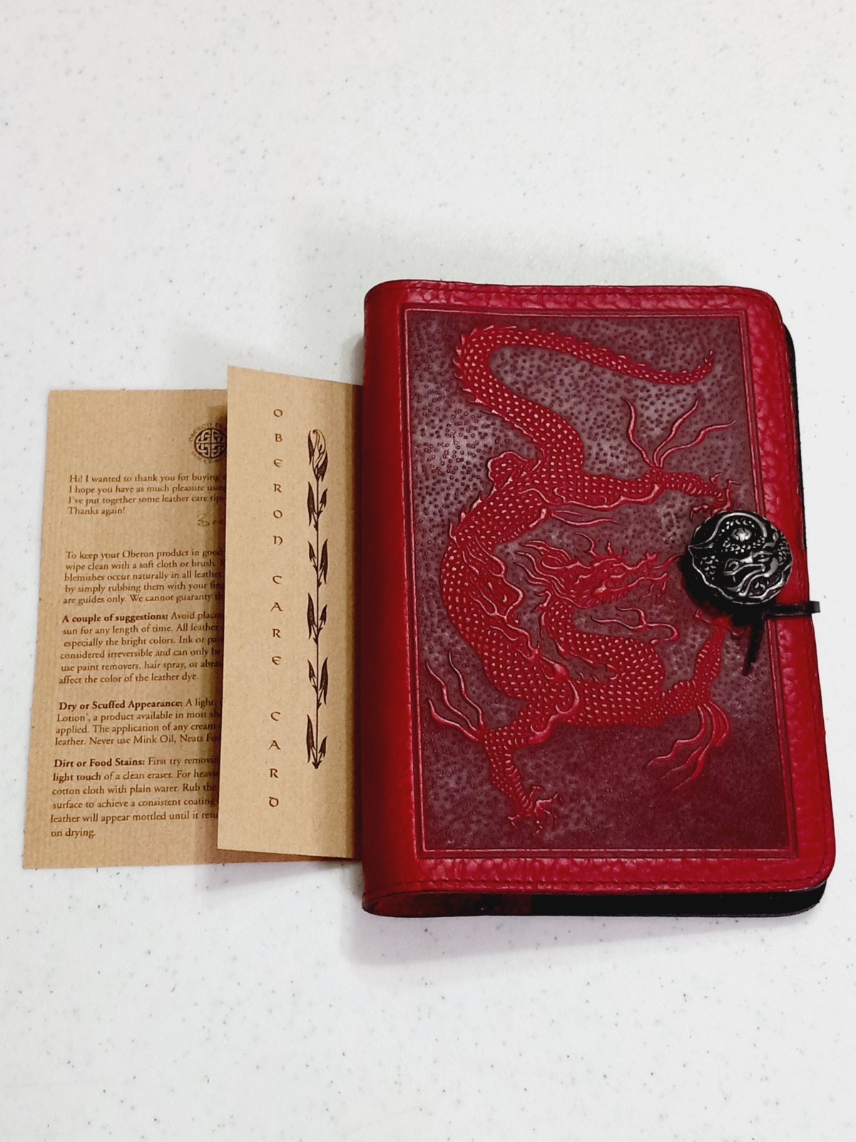 Oberon Design Burgundy Leather Journal Cover Embossed RED Dragon Design