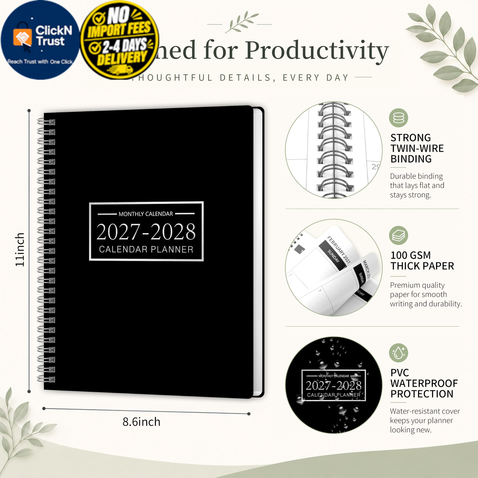 2027-2028 Monthly Planner, Jan 2027-Dec 2028, A4 2027 – Dec Black