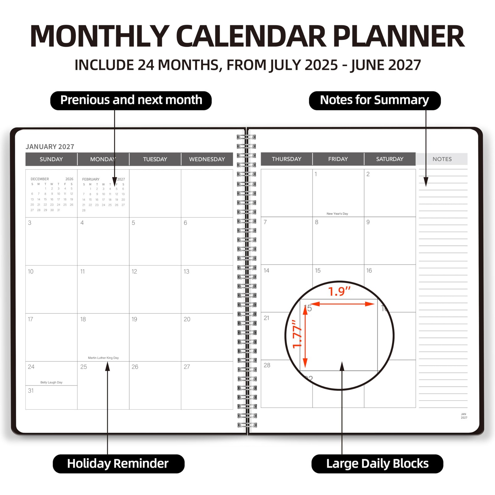 2025 2027 Planner, 24 Months Academic Calendar, Hard Cover, Spiral Bound, Black