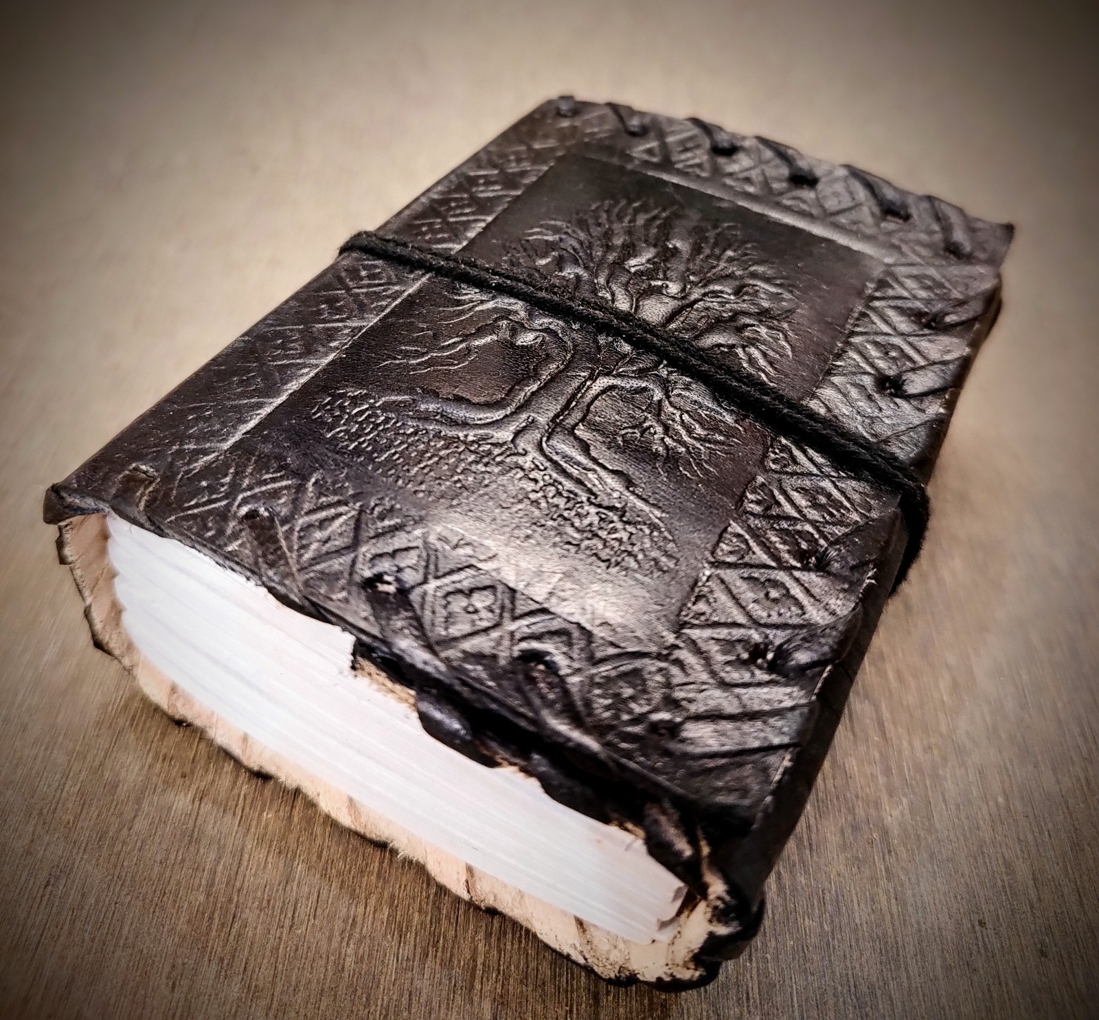 Handmade Black Tree of Life Leather Pocket Journal – 3×4 Inch Refillable Notepad
