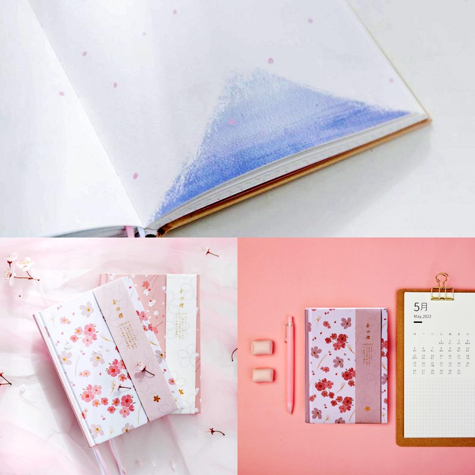 A5 Pink Hardcover Notebook Journal,Sakura Grid Diary Book Premium Paper 5.1X …