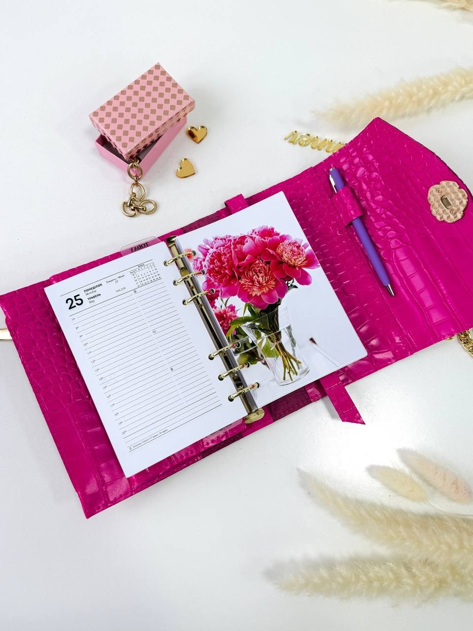 Pink A6 leather notebook cover-bag binder 6-Rings. Dated planner gift for her.