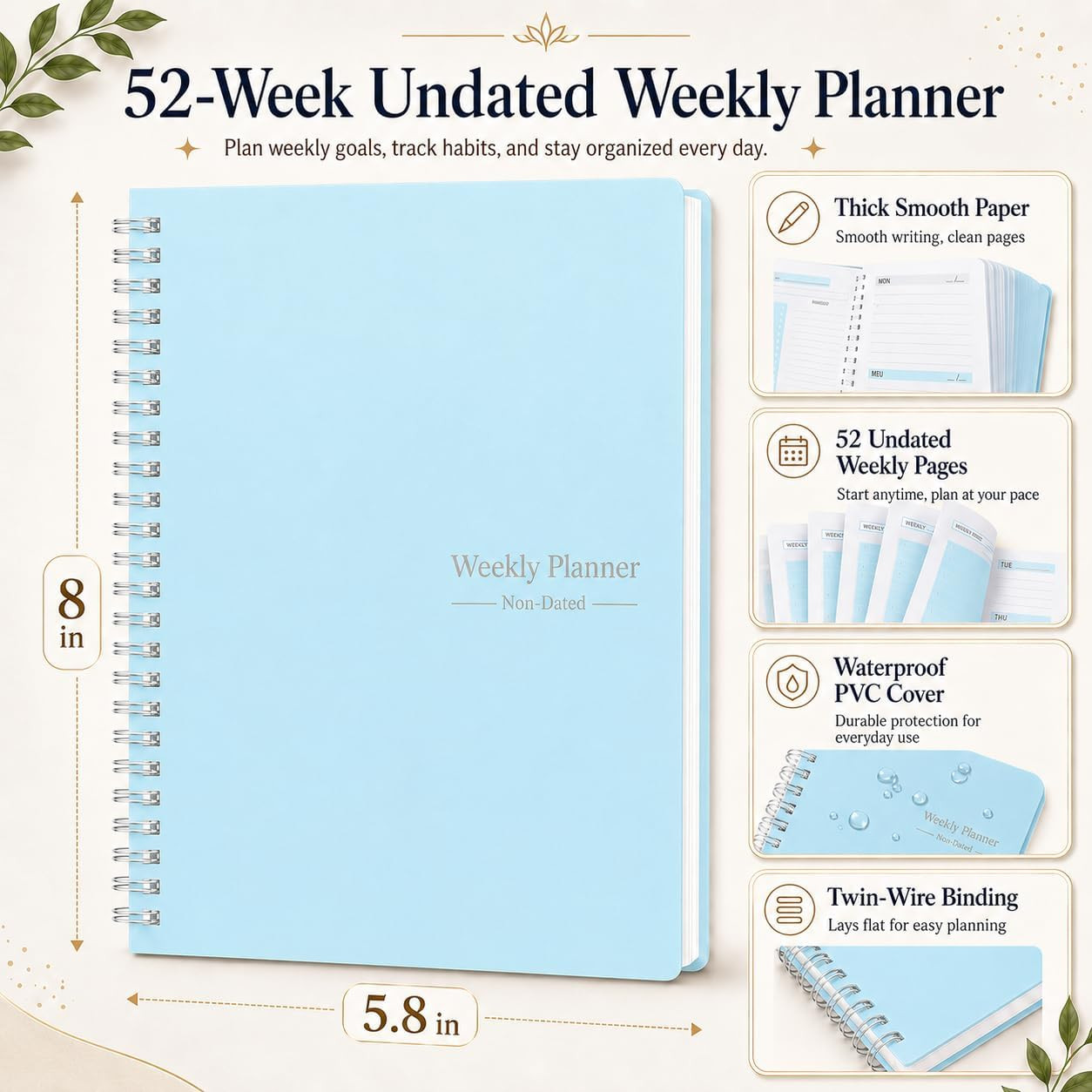 Undated Weekly Planner, A5 to Do List Notebook with Goal and Habit Tracker | 5.8