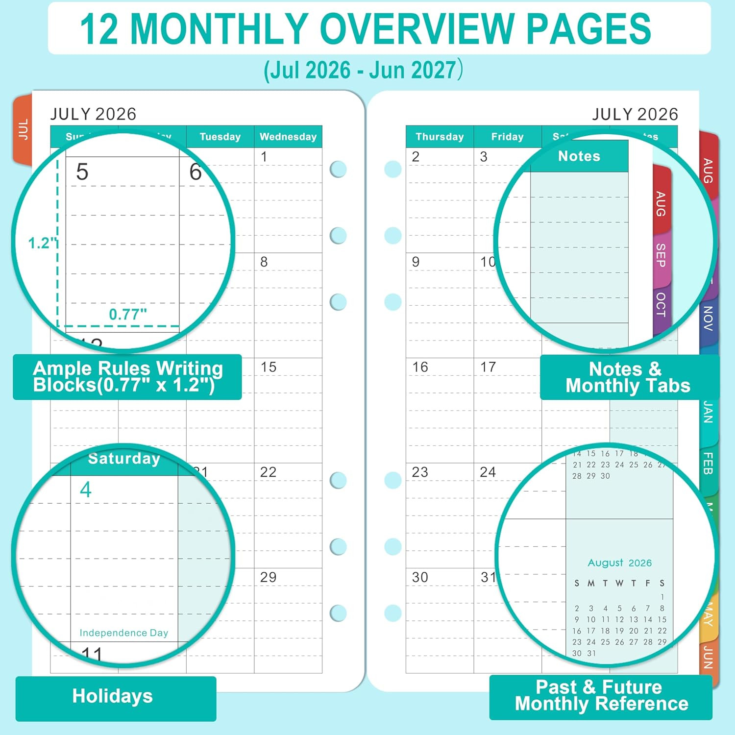 2026-2027 Planner Refills – 4″ X 7″, A6 Weekly and Monthly Planner Inserts, Jul.