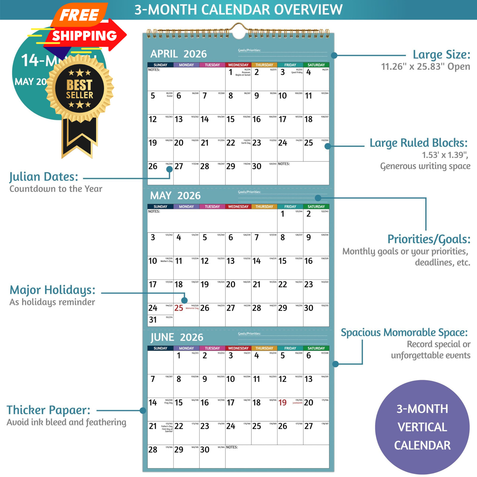 Wall Calendar 2026-2027 – 3 Month Vertical, Apr 2026 -…