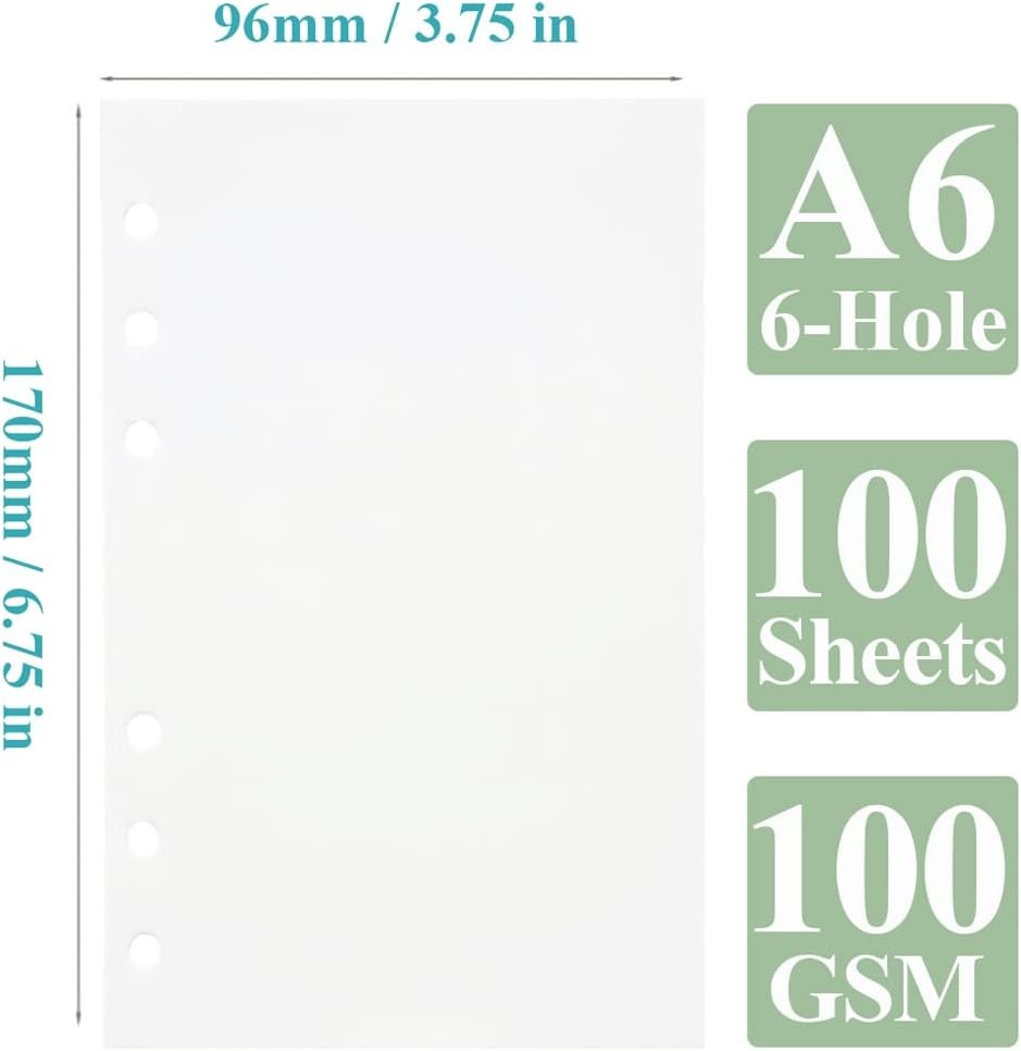 A6 Blank Refill Paper, 100 Sheets/200 Pages Loose Leaf Paper for Filofax Persona