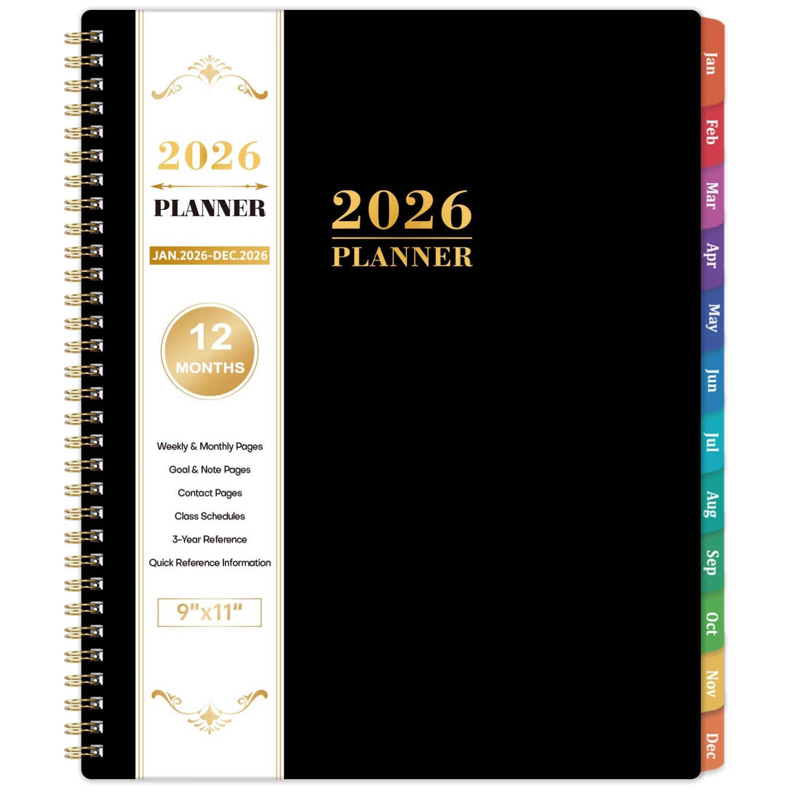 2026 Planner Organizer, Weekly Monthly Layout, Sticky Tabs Twin Wire, Black