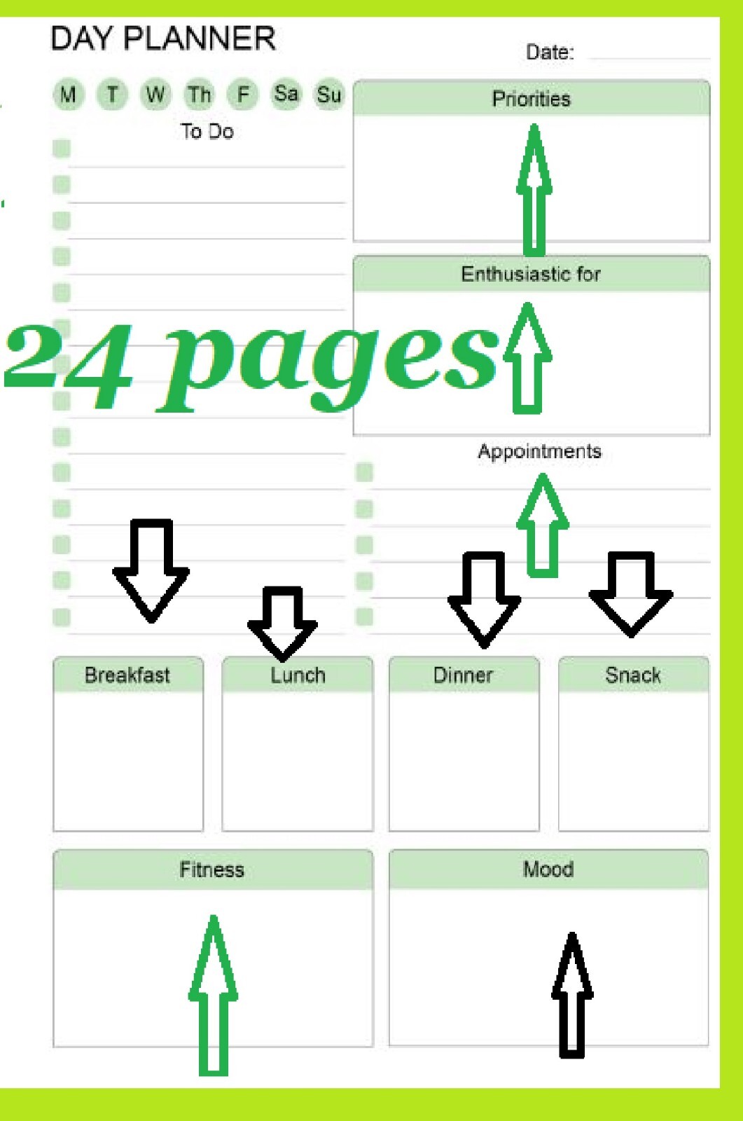 Printable PDF Day Planner Meal Fitness And mood Tracker Log. Download