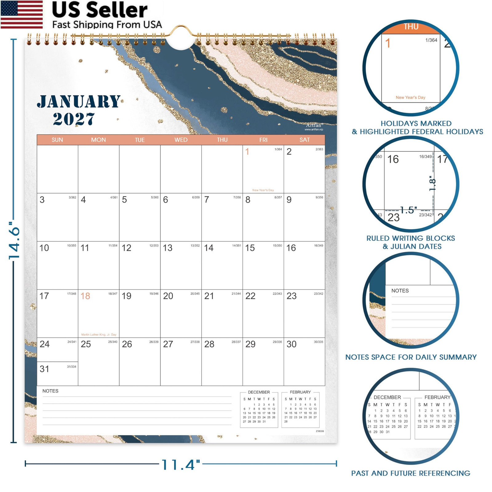 2027 Wall Calendar – JAN 2027 – DEC 2027, 12 Monthly Calendar, 2027 Pink