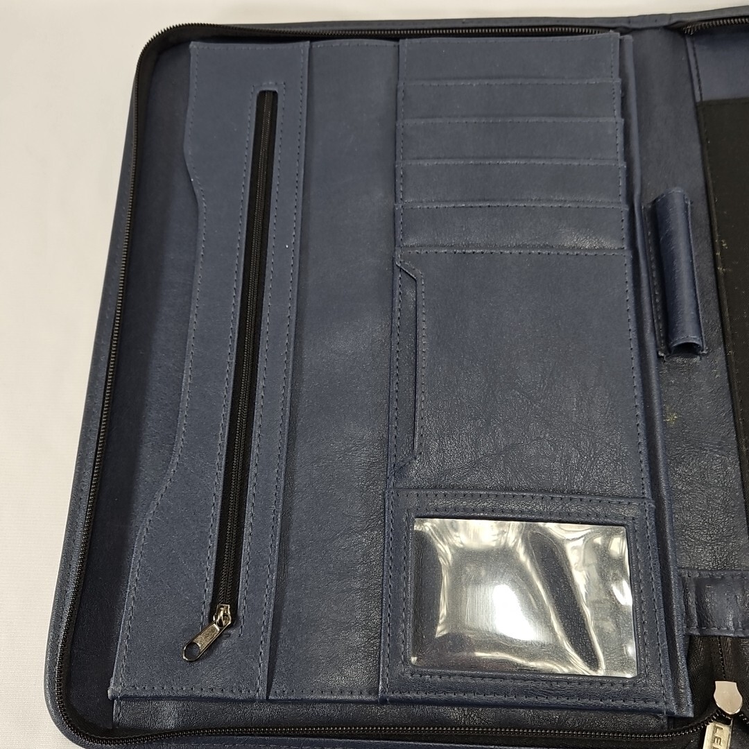 LEED’S Navy Blue Leather Organizer Folio Case Notepad Planner Folder Zips