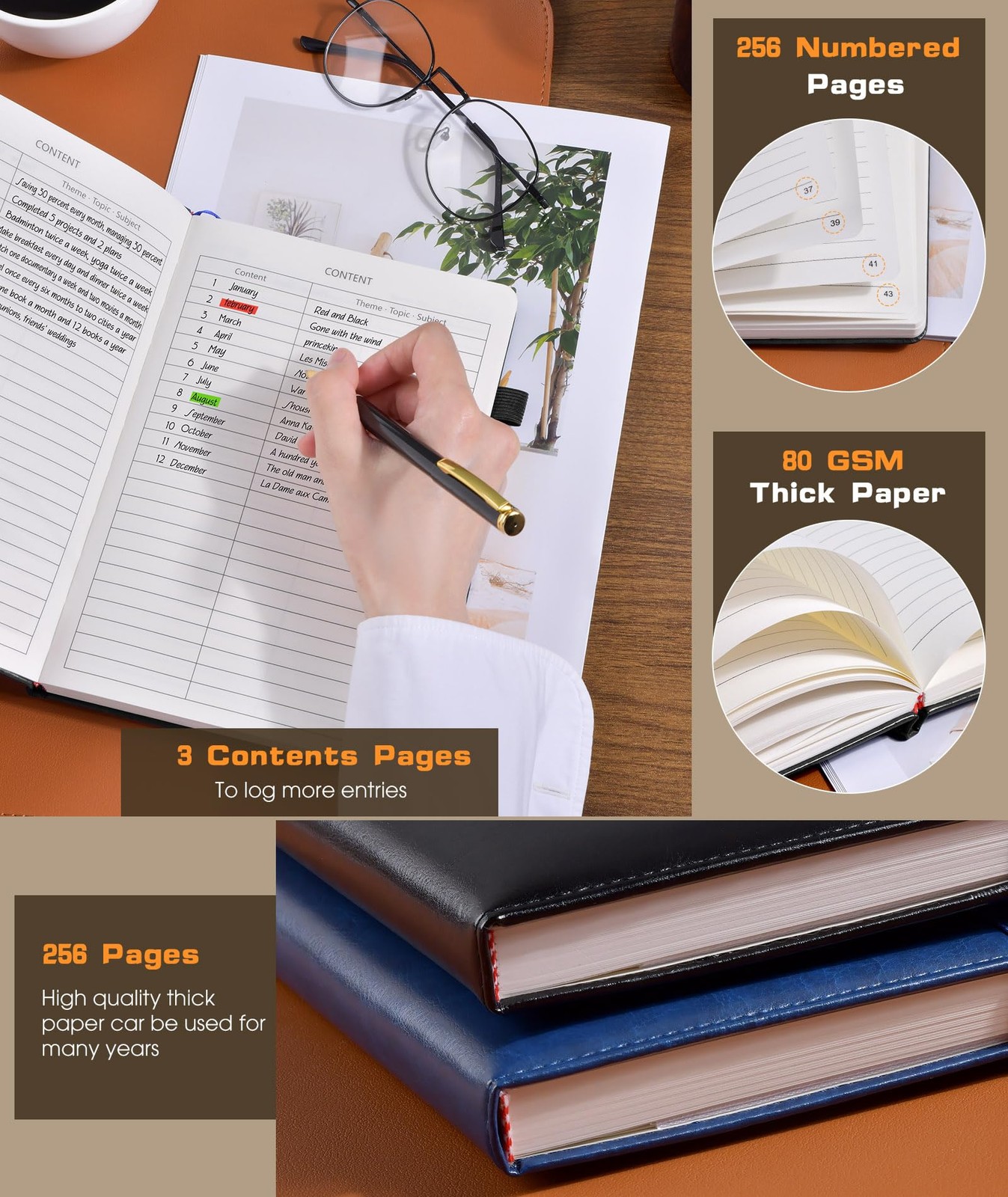 Lined Journal Notebook for Women Men, 256 Numbered Pages Hardcover Black