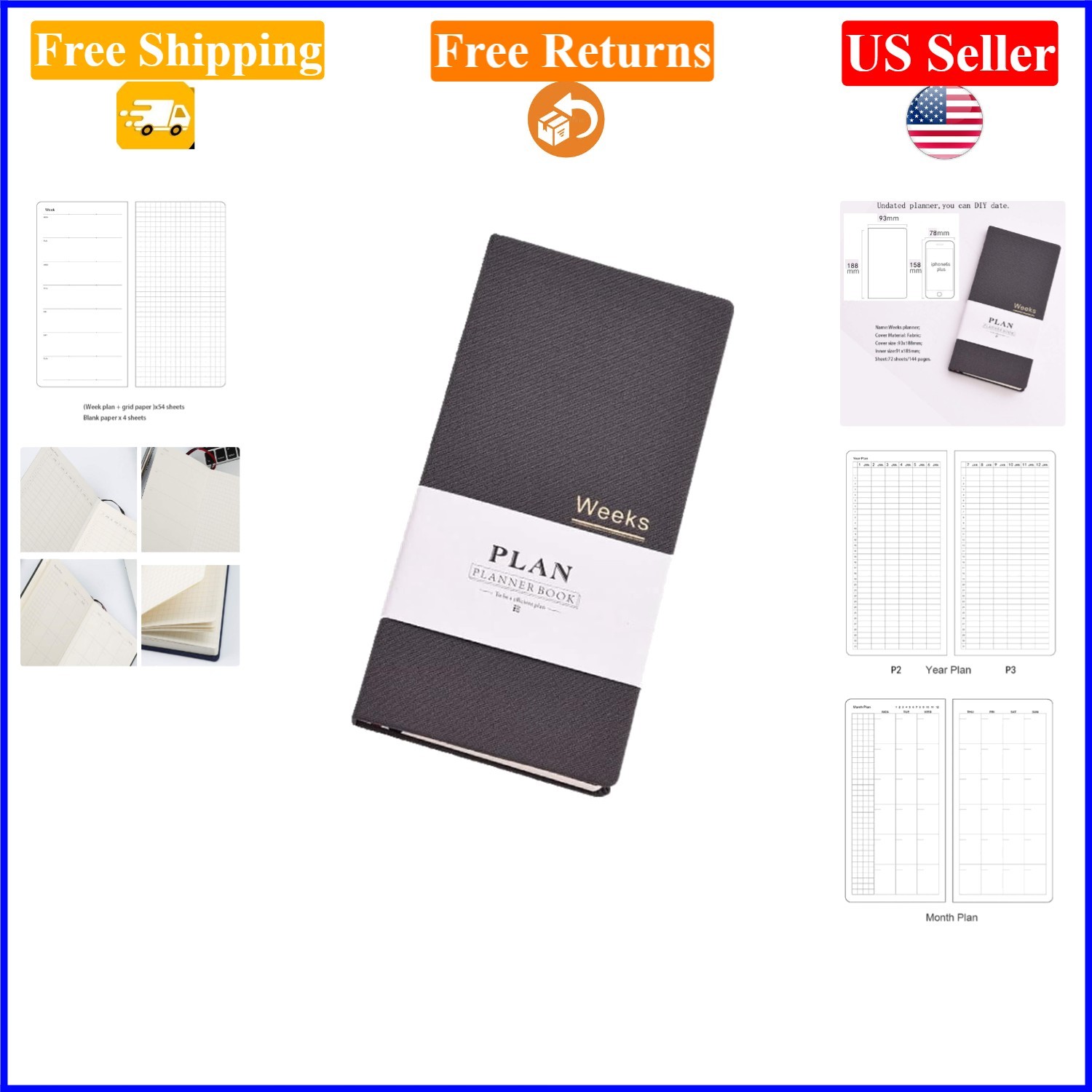 Undated Gray A6 Pocket Planner with 144 Pages, 2 Ribbons, 2021