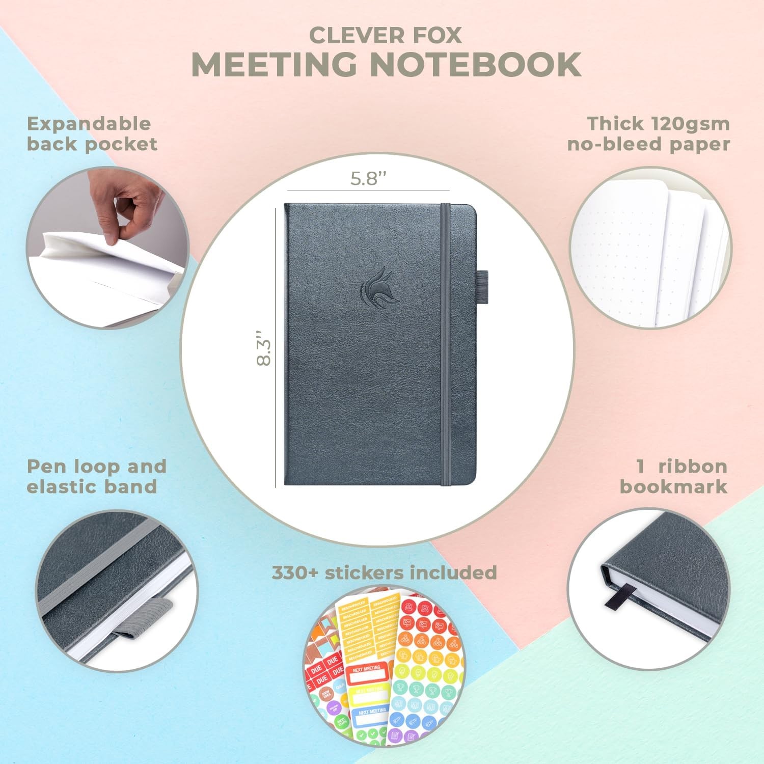 Clever Fox Meeting Notebook – Work & A5 (5.8” x 8.3”), Silver Black