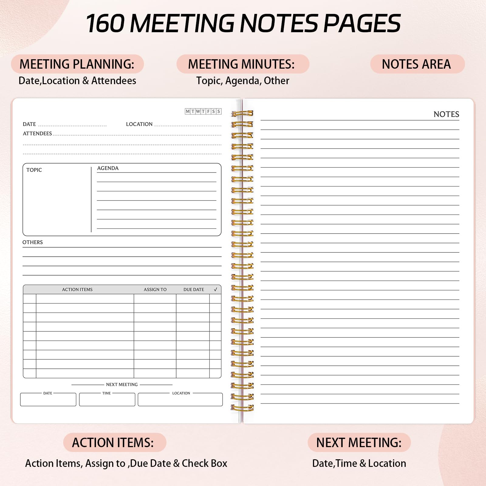 Thboxes Meeting Notebook for Work with Action Items & 7″ x 10″, Pink