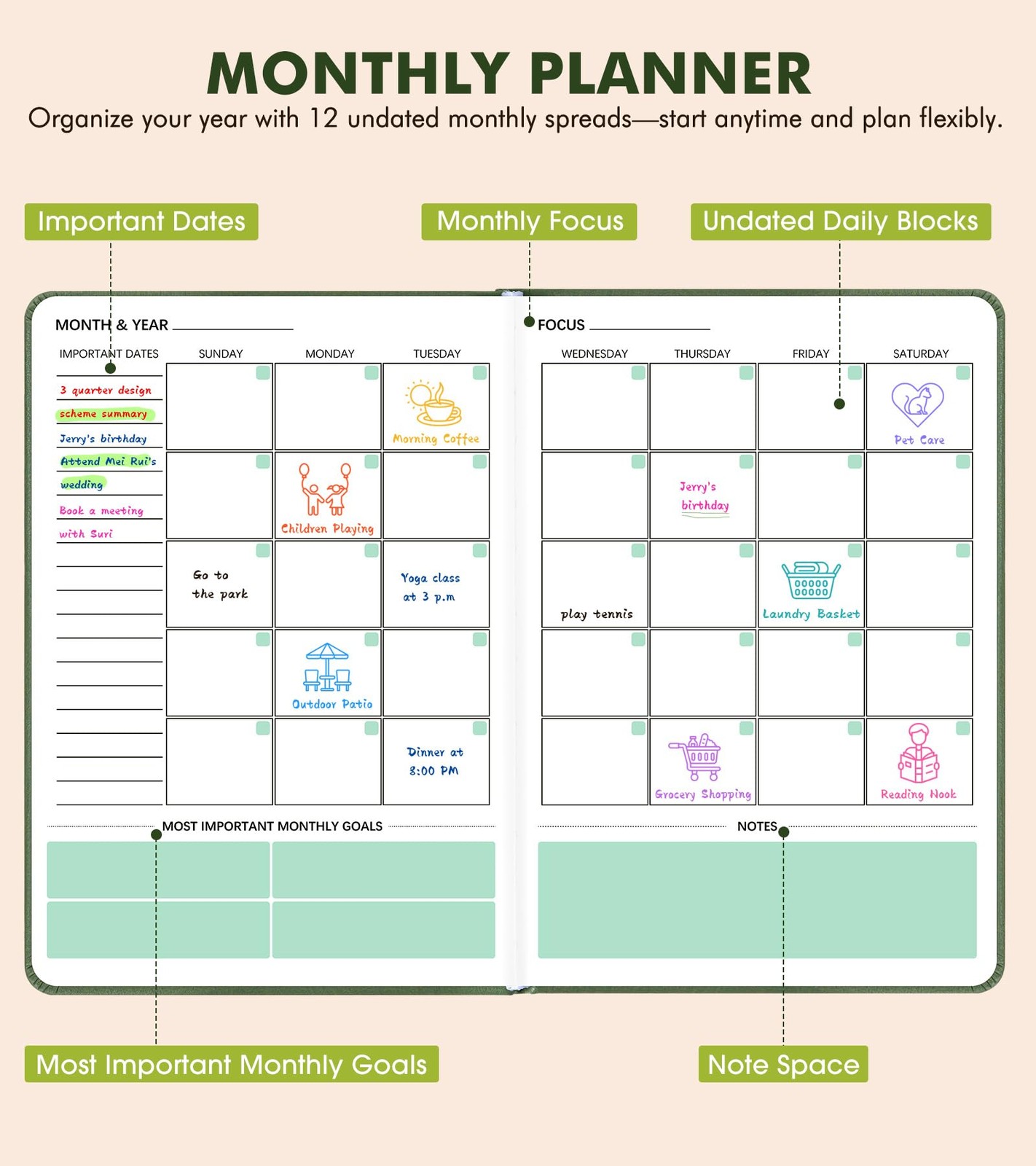 Undated A5 Weekly Monthly Planner Hardcover Leather Goal Habit Tracker Green