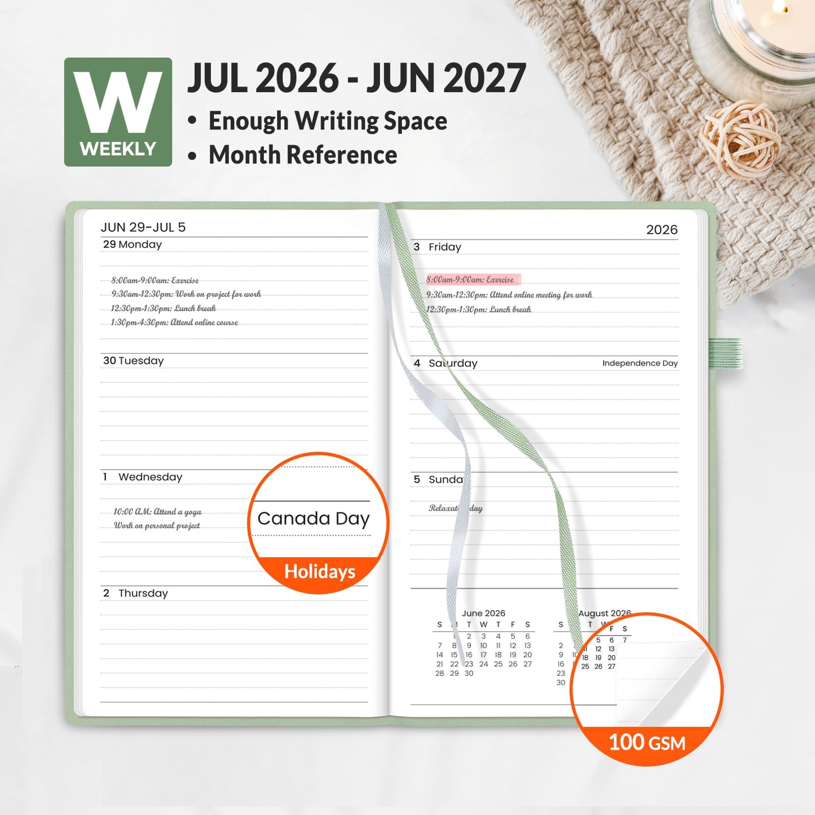 2026-2027 Pocket Weekly Planner 3.5×6 Hardcover Academic Calendar Sage