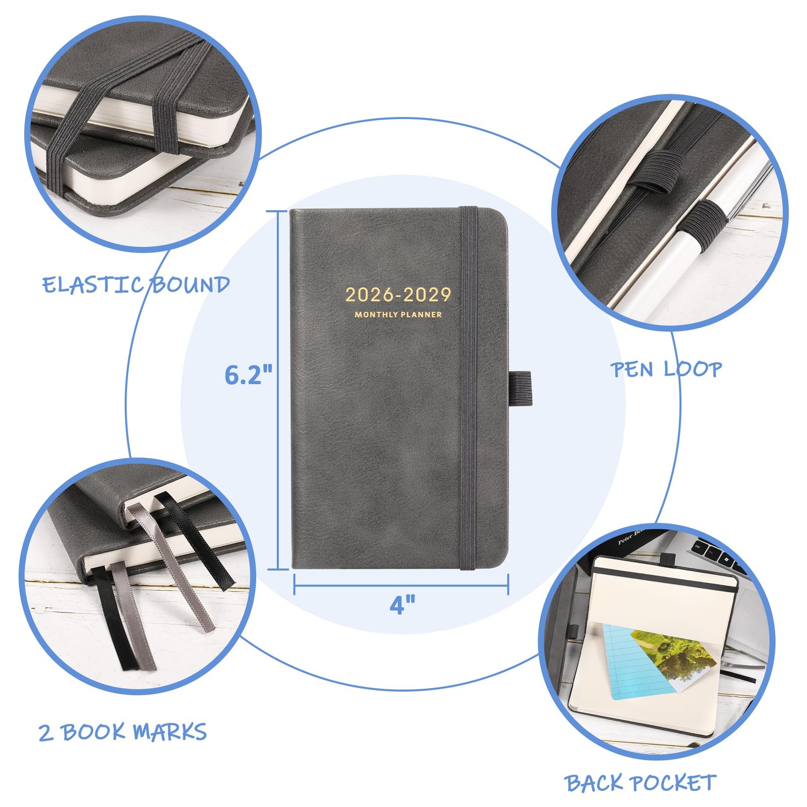 Pocket Planner 2026-2029 – Monthly Planner, 6.2×4 inches, Grey 1