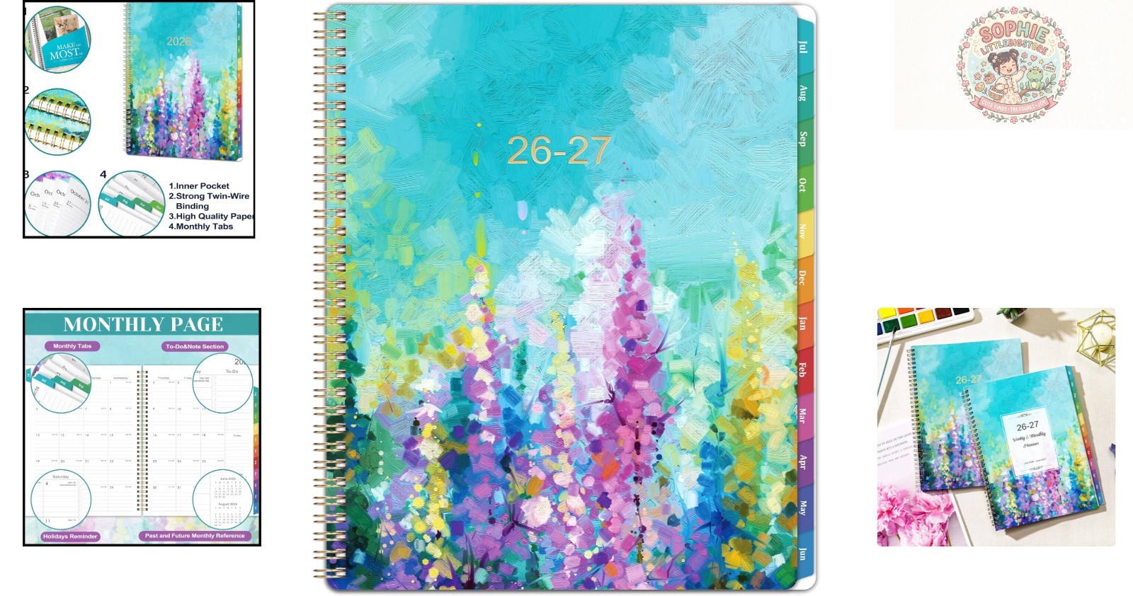 2026-2027 Planner with Twin-Wire Binding & Colorful Monthly Tabs – Green-Purple