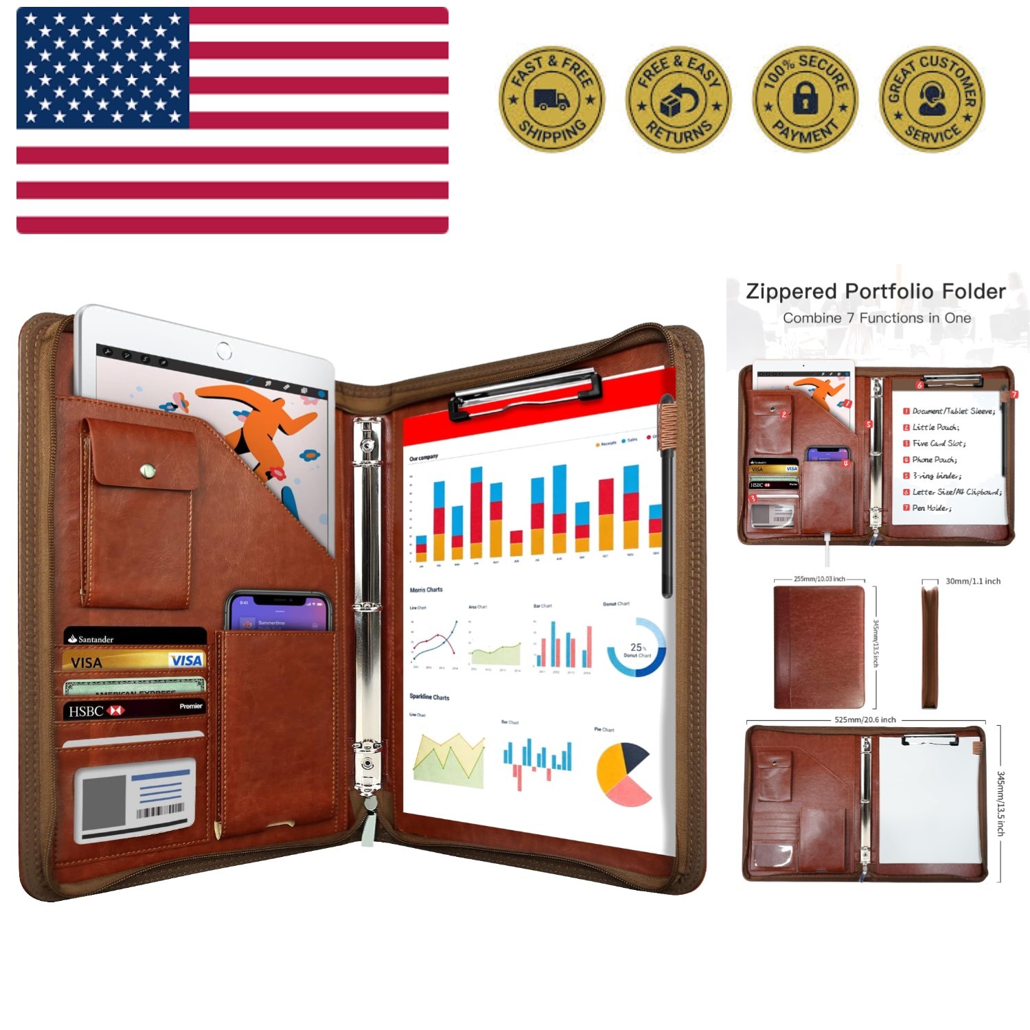 Zippered Portfolio Organizer, Leather Padfolio with 3 Ring Binder, Profession…